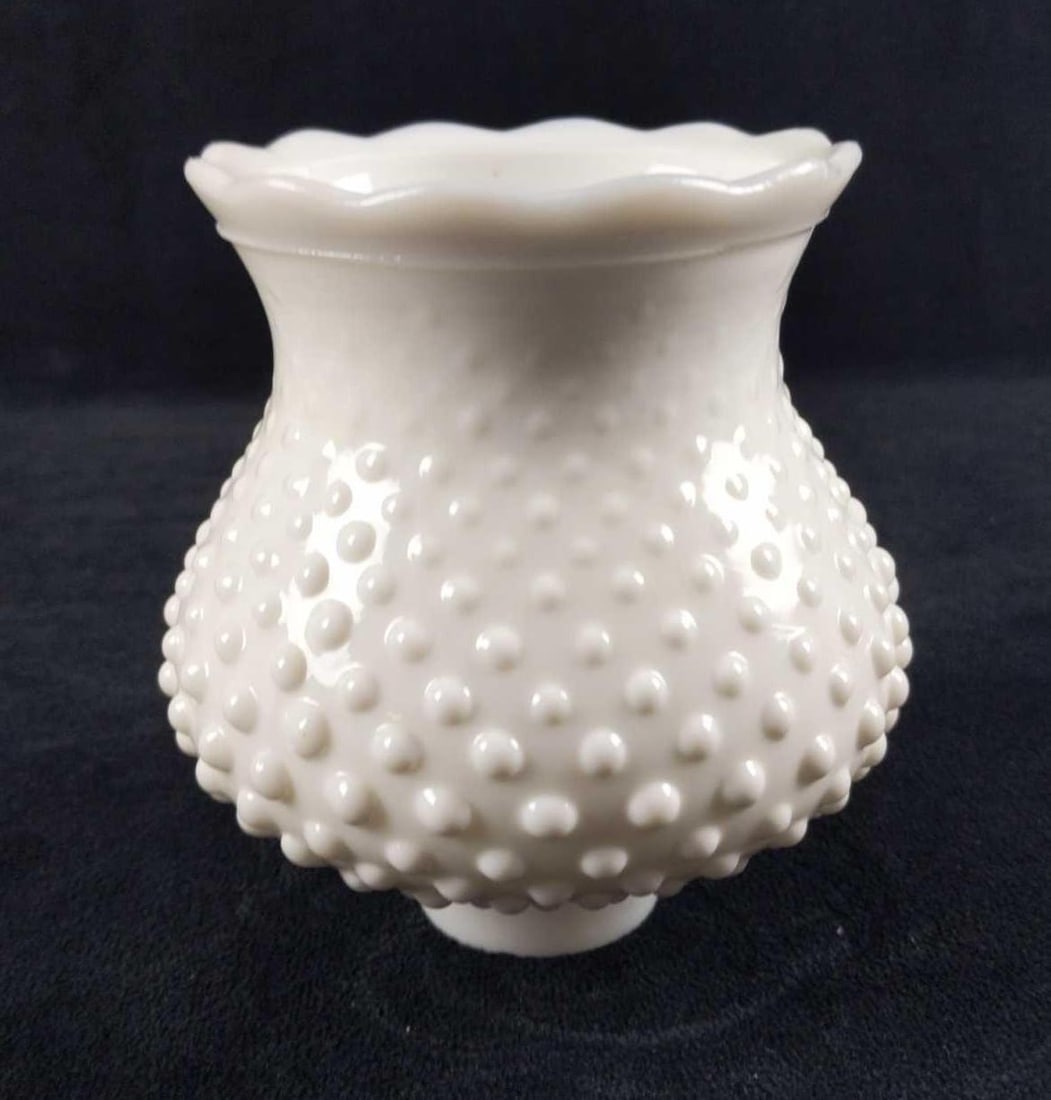 Vintage Hobnail Milk Glass Ruffle Chandelier Shade C: Vintage Hobnail Milk Glass Ruffle Chandelier Lamp Shade. Is approx 5" x 5" x 5". The opening on the bottom is approx 1 1/2". The shade is in good, vintage condition with some markings inside the