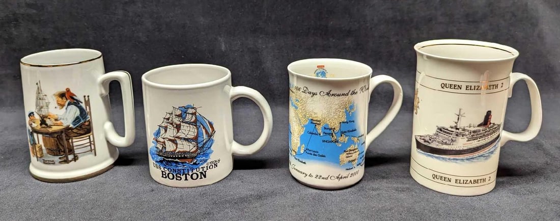 4 Ship Themed Mugs: 4 Ship-Themed Mugs. This lot consists of: (1) Norman Rockwell 'For A Good Boy" Porcelain Mug. The mug is approx 4" x 3 1/4" x 4 1/4" and it weighs 0.73lb. Was originally sold at
