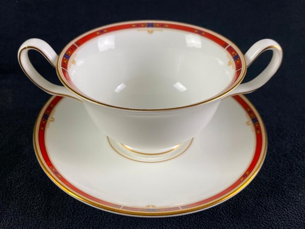 Wedgwood English China Colorado Soup Bowl & Saucer: Wedgwood English China Colorado Soup Bowl & Saucer Footed cream soup bowl and saucer from Wedgwood's Colorado pattern. Made in England from bone china, and features a western-inspired