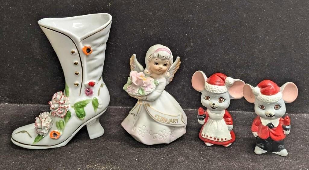 Vintage Christmas Angel Figurines With Boot Vase: Vintage Christmas Angel Figurines With Boot Vase. This lot includes: (1) Porcelain Boot Vase With Flowers. This is approx 3 3/4" x 4 3/8" x 2". The flowers on the left side of the boot is
