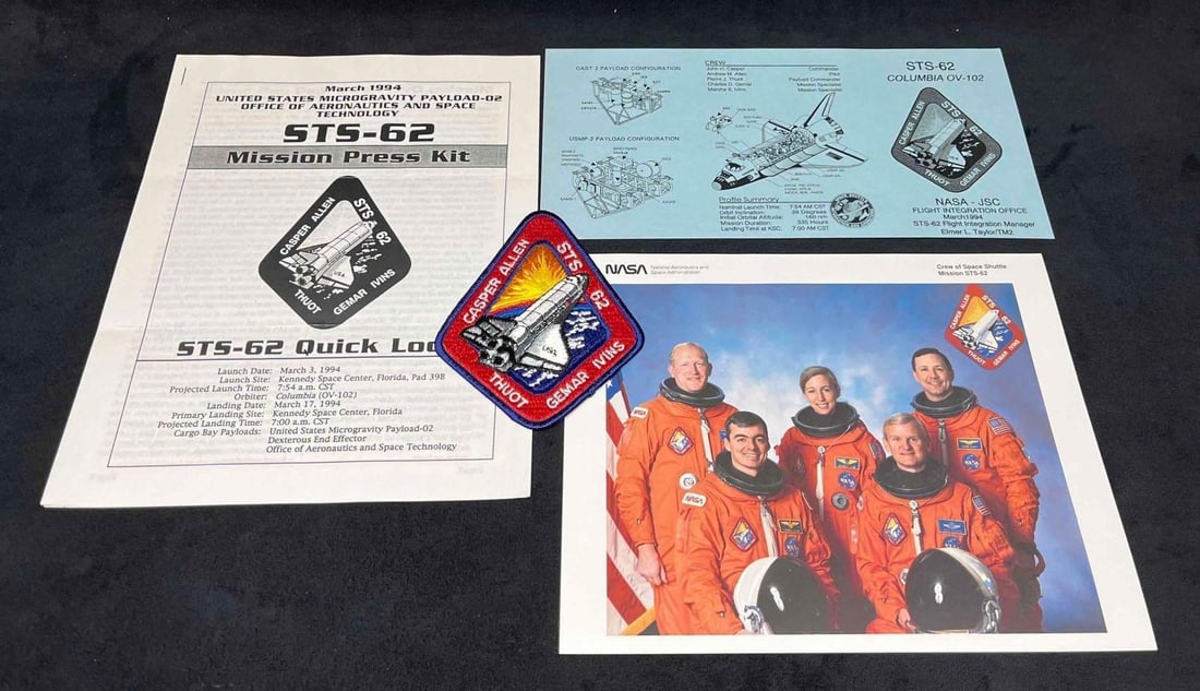 NASA STS-62 Crew Insignia Patch, Mission Press Kit, Crew Photo & Profile Summary (JB H25): This lot contains a NASA STS-62 Crew Insignia Patch, Mission Press Kit, Photo Of Crew, Profile Summary + Bonus Sticker (JB H25). The two week missions main objectives include the United States
