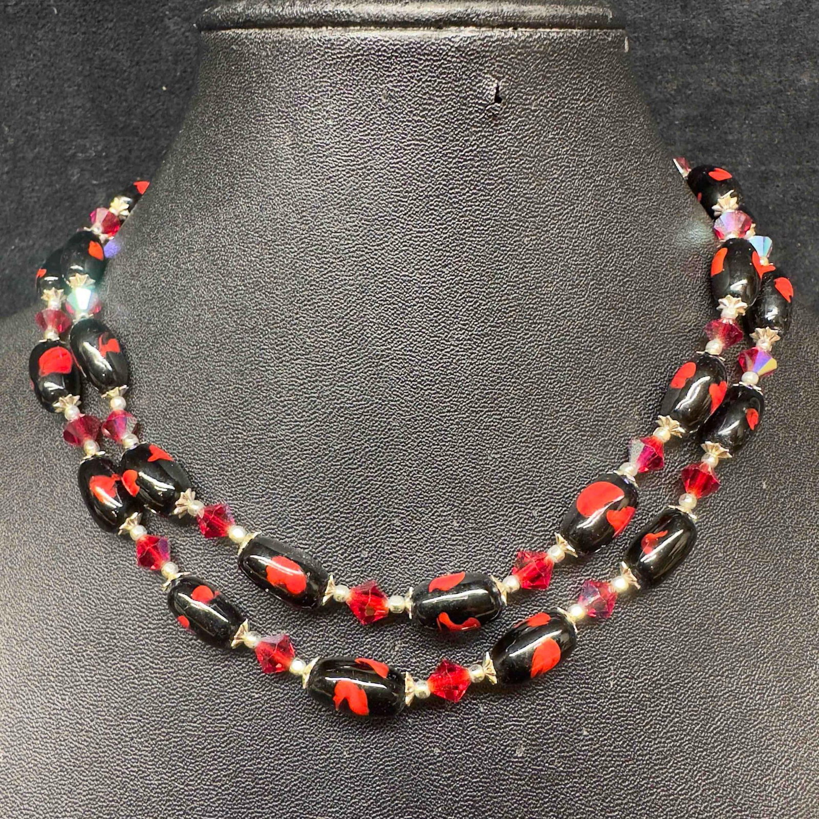 Venetian Murano Lamp Work Art Glass Red Black Double Layered Beaded Necklace F68 (1 of 9)