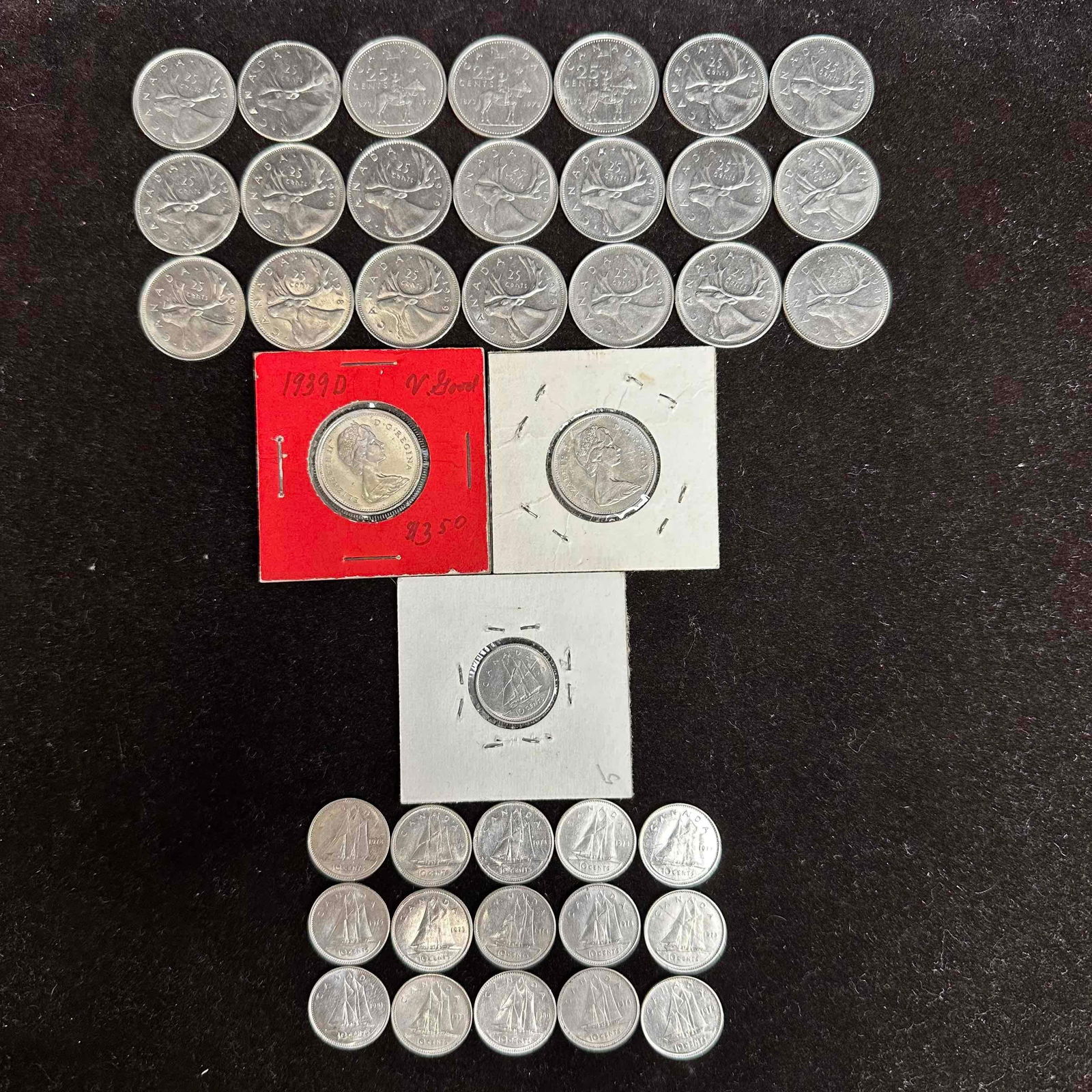 Canadian Coin Collection 25 Cents and 10 Cents Dimes Quarters 39 Coins: This Canadian Coin set includes twenty three quarters and sixteen dimes. The 10 cents coins range in years from 1972 to 1981. The 25 cents coins range in years from 1969 to 1980. These items are in go
