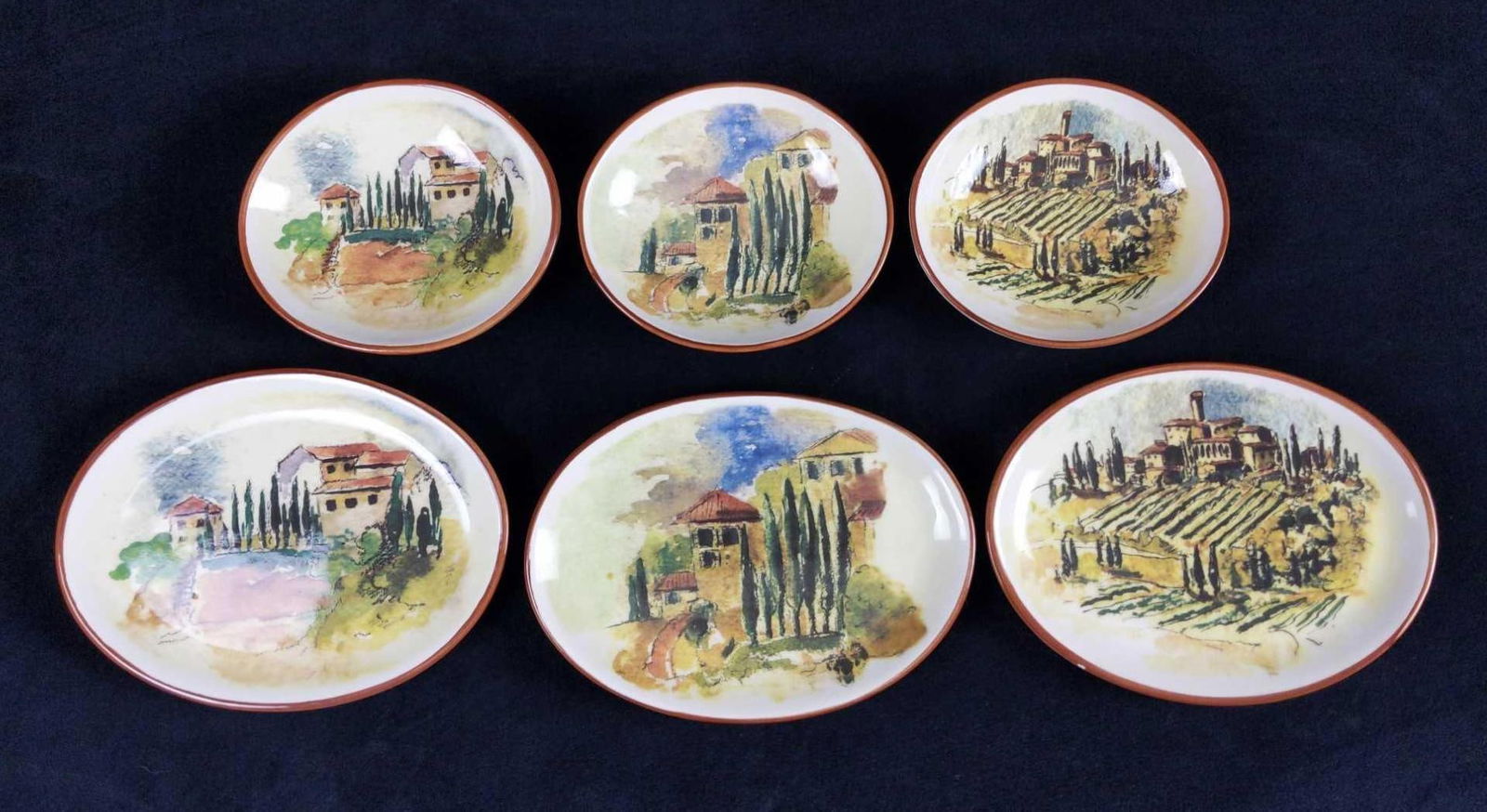 Williams Sonoma Ceramic Mini Plates Lot Of Six: This lot includes ceramic plates from the "Mediterranean Scenes' series. Also referred to as 'Villa Landscape' or WSO132. (3) Individual Dip Bowl/Plate. These are approx 6" x 1