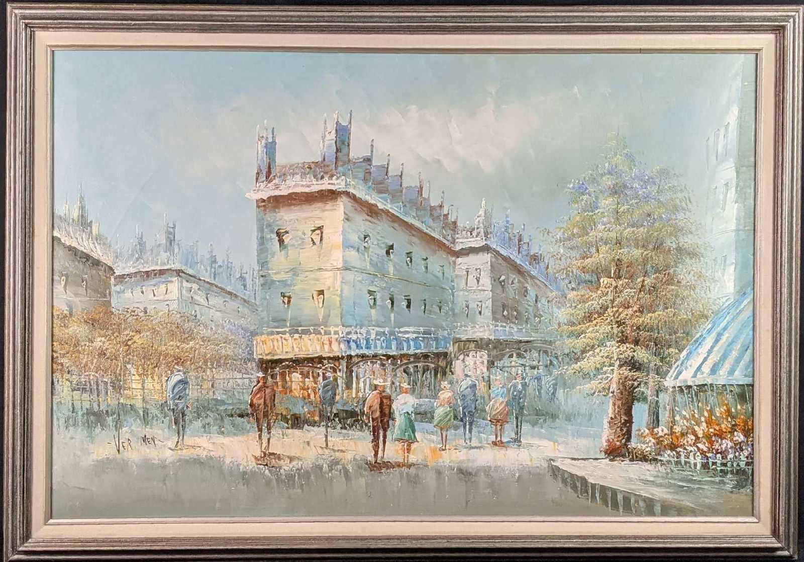 Original Acrylic On Canvas Parisian street scene: This framed acrylic on canvas depicts a bustling mid-century Parisian street scene. Is signed by the artist on the bottom left. The framed original is approx 40" x 2" x 28". The original is