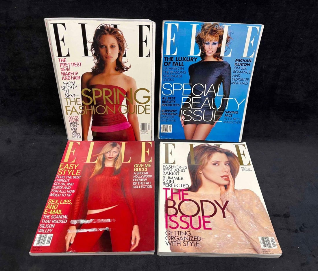 Four Vintage Elle Magazines From 1997: This lot contains Four Vintage Elle Magazines From 1997. Each magazine is approx 10 3/4" x 8 1/4". Altogether they weigh about 6.3lbs. Overall the vintage magazines are in good used condition