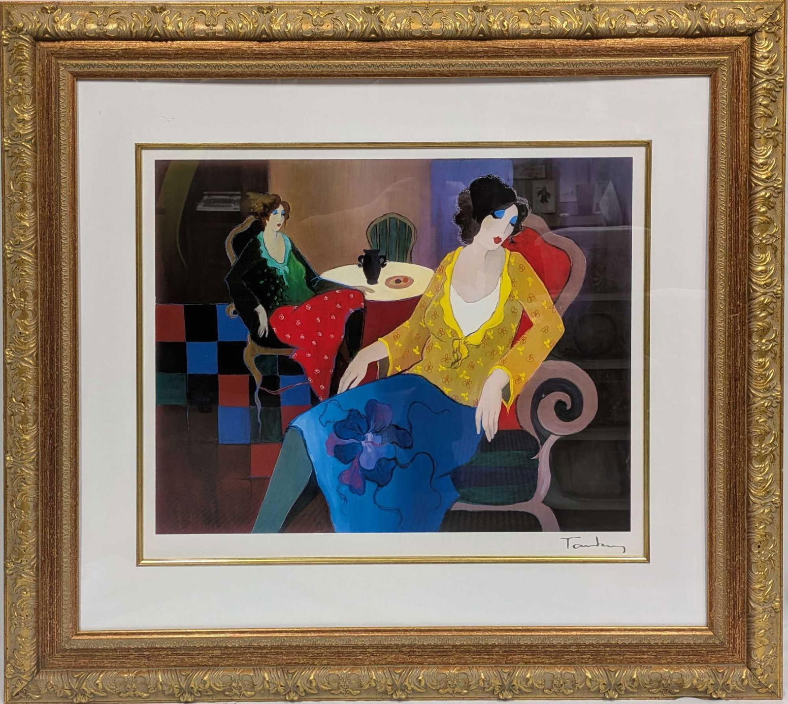 Framed Itzchak Tarkay Little Round Table Seriolithograph: Framed Itzchak Tarkay Little Round Table Seriolithograph. This is approx 31" x 34 1/2" x 1 1/2" and it weighs 11.40lbs. Please note, the signature on the bottom right of the print is part of the print