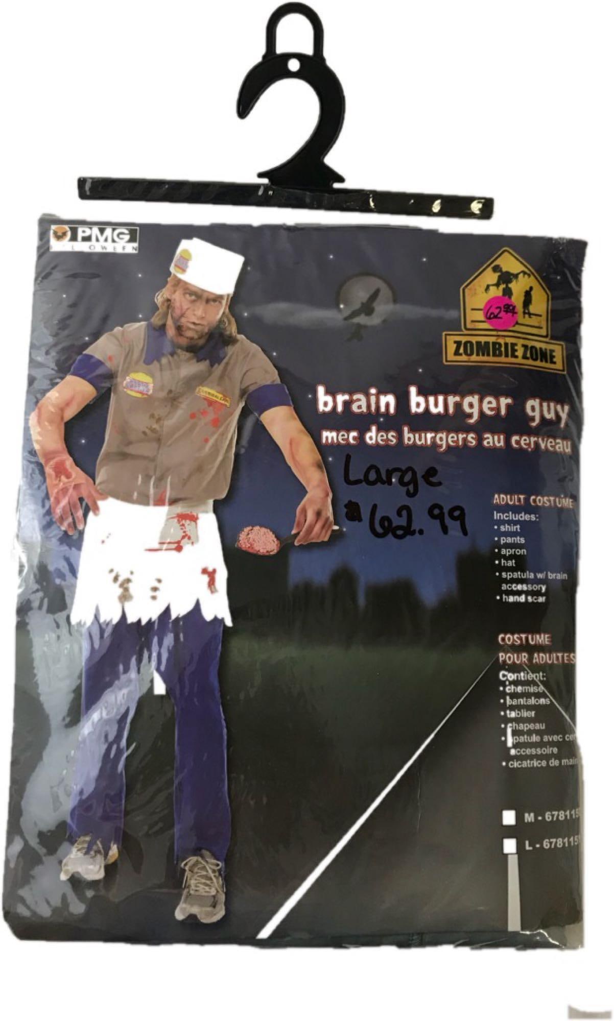 Halloween Costume, Brain Burger Guy, Cannibal Carl from Zombie Zone, NOS: Halloween Costume, Brain Burger Guy, Cannibal Carl from Zombie Zone, New Old Stock; in the original packaging. The package is unopened, size L. This will definitely liven up the cookout.