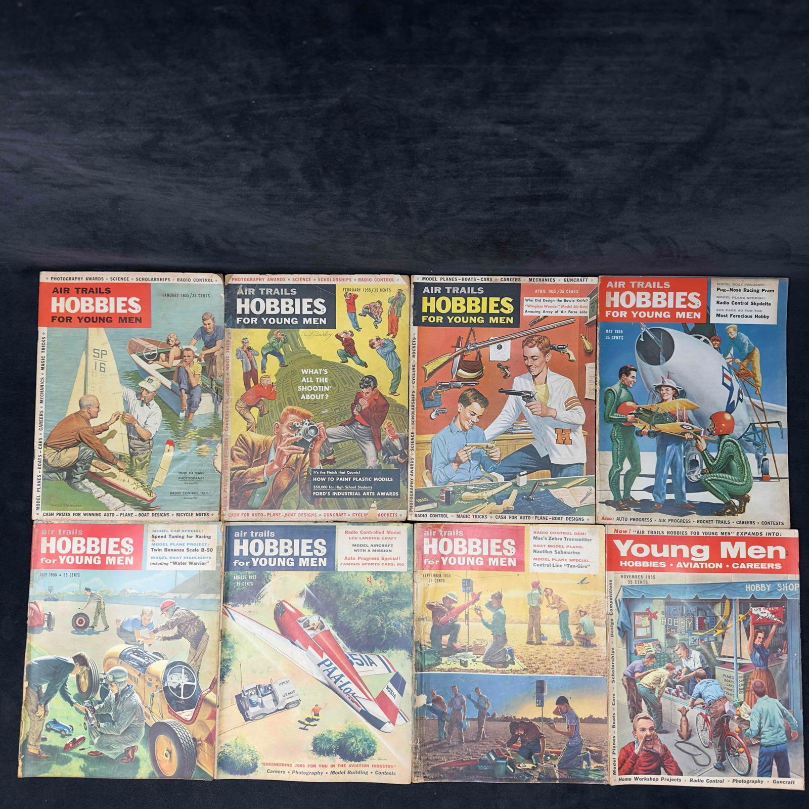 Air Trails Hobbies For Young Men Magazine 1955 Lot of 8 Eight Magazines Collection Set: Air Trails Hobbies For Young Men Magazine 1955 Lot of 8 Eight Magazines Collection Set. The 1955 set includes the following issues January, February, April, May, July, August, September, and