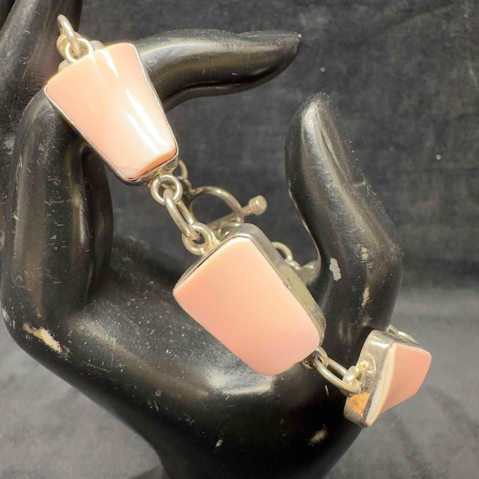 Pink Rhodonite Gemstone Sterling Bracelet B23: This item is in good pre-owned, previously used/displayed condition with noticeable light wear, and surface scratches. Please reference all photos for full details. This piece of jewelry has been