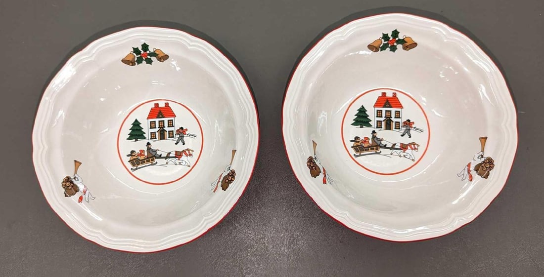 2 Retired Jamestown China Joy of Christmas Bowls A: 2 Retired Jamestown China Joy of Christmas Bowls A. Each is approximately 7" x 7" x 2" and the total weight is 1.32lb. The bowls have no chips or cracks.