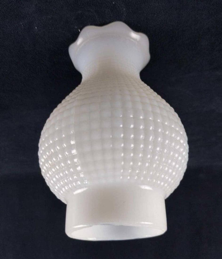 Vintage Hobnail Milk Glass Ruffle Hurricane Shade B: Vintage Hobnail Milk Glass Ruffle Chandelier Hurricane Chimney Shade. Is approx 6" x 6" x 7". The opening on the bottom is approx 3" across. The shade is in good, vintage condition with some markings