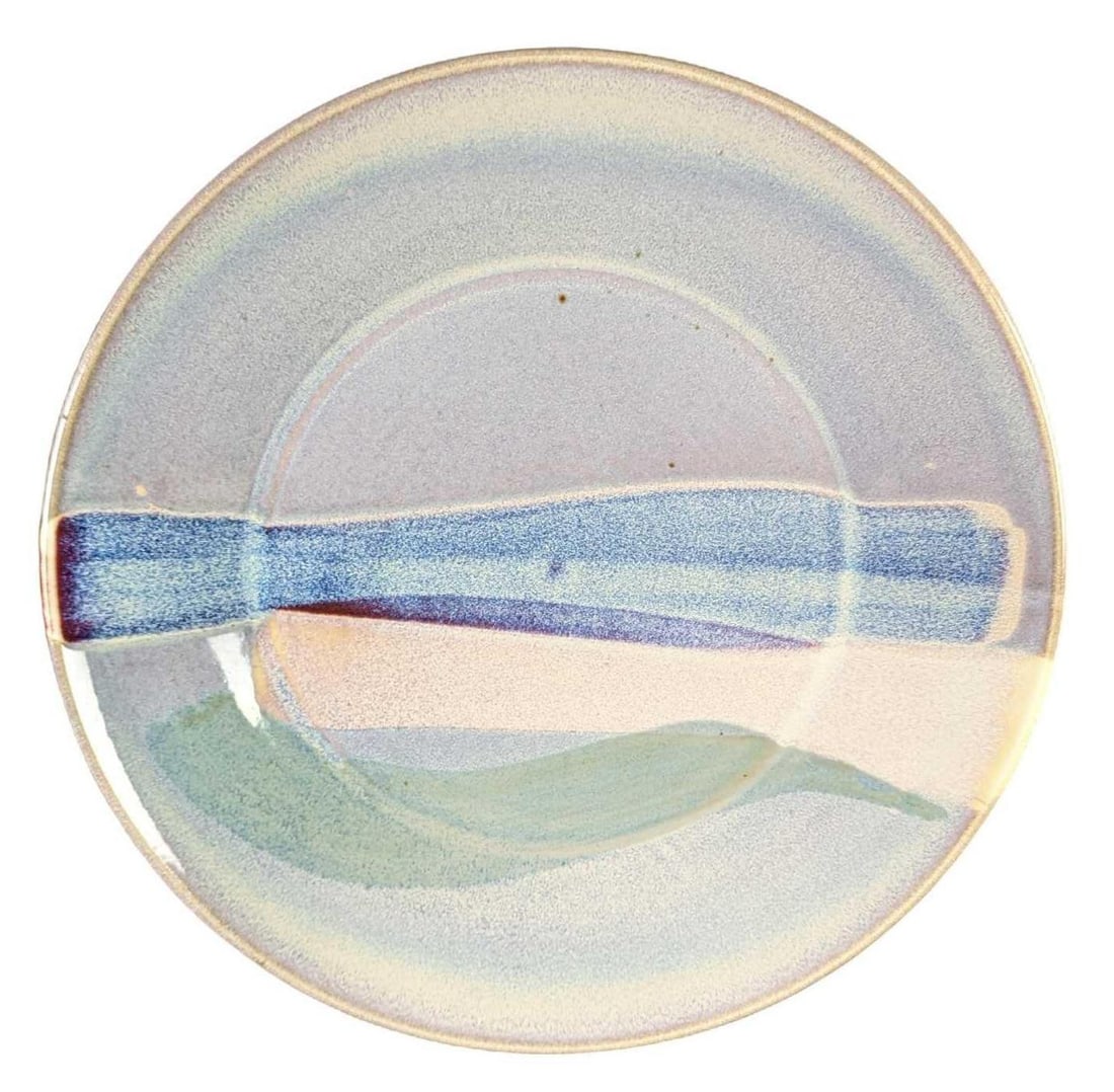 Large Blue & Green Pottery Plate Platter: Large Pottery Plate Platter. Is approx 15" x 15" x 2" and it weighs 4.5lbs. The plate/platter is in a good, used condition with no chips or cracks. Was signed on the artist on the back. Please see