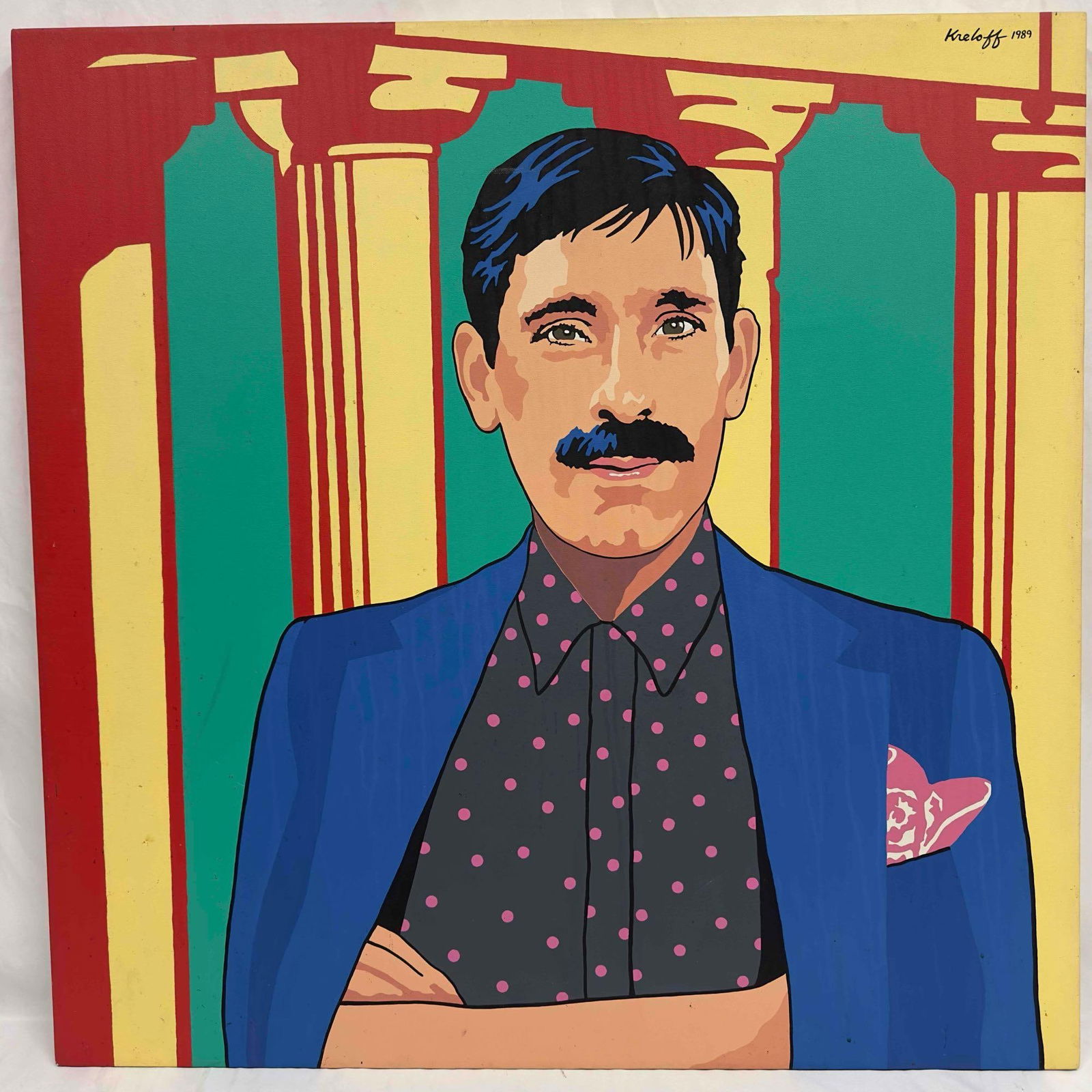 Martin Kreloff Mustache Man Portrait Painting Pop Art Vibrant Colors: Martin Kreloff Mustache Man Portrait Painting Pop Art Vibrant Colors. Mustache Man subject unknown, beautifully designed portrait dated 1989, and signed by Kreloff in the top right hand corner.