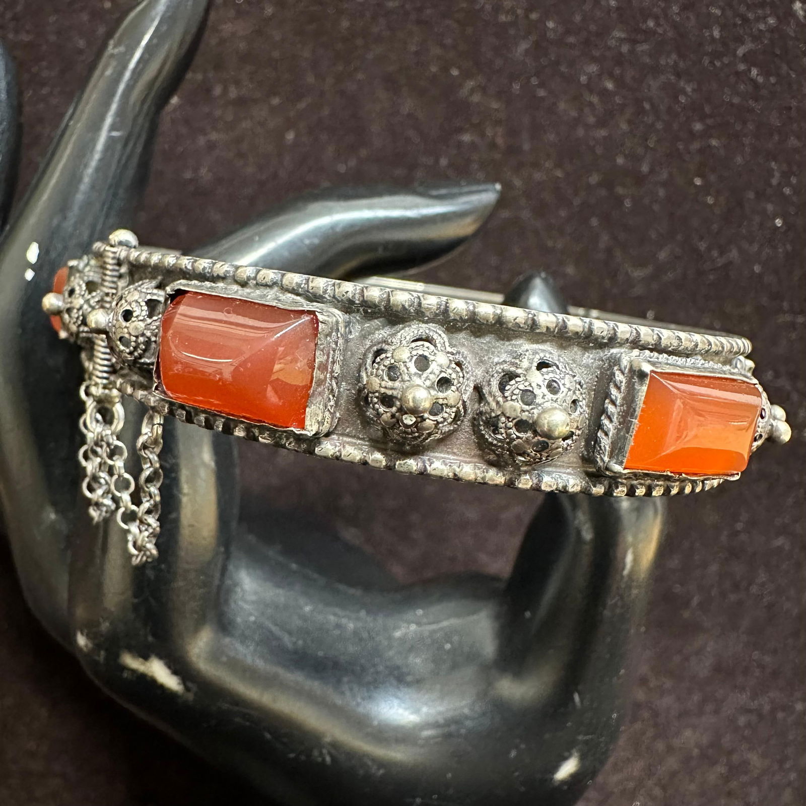 Carnelian Hinged Cuff Antique Filigree Silverwork Silver Bracelet R93 (1 of 7)