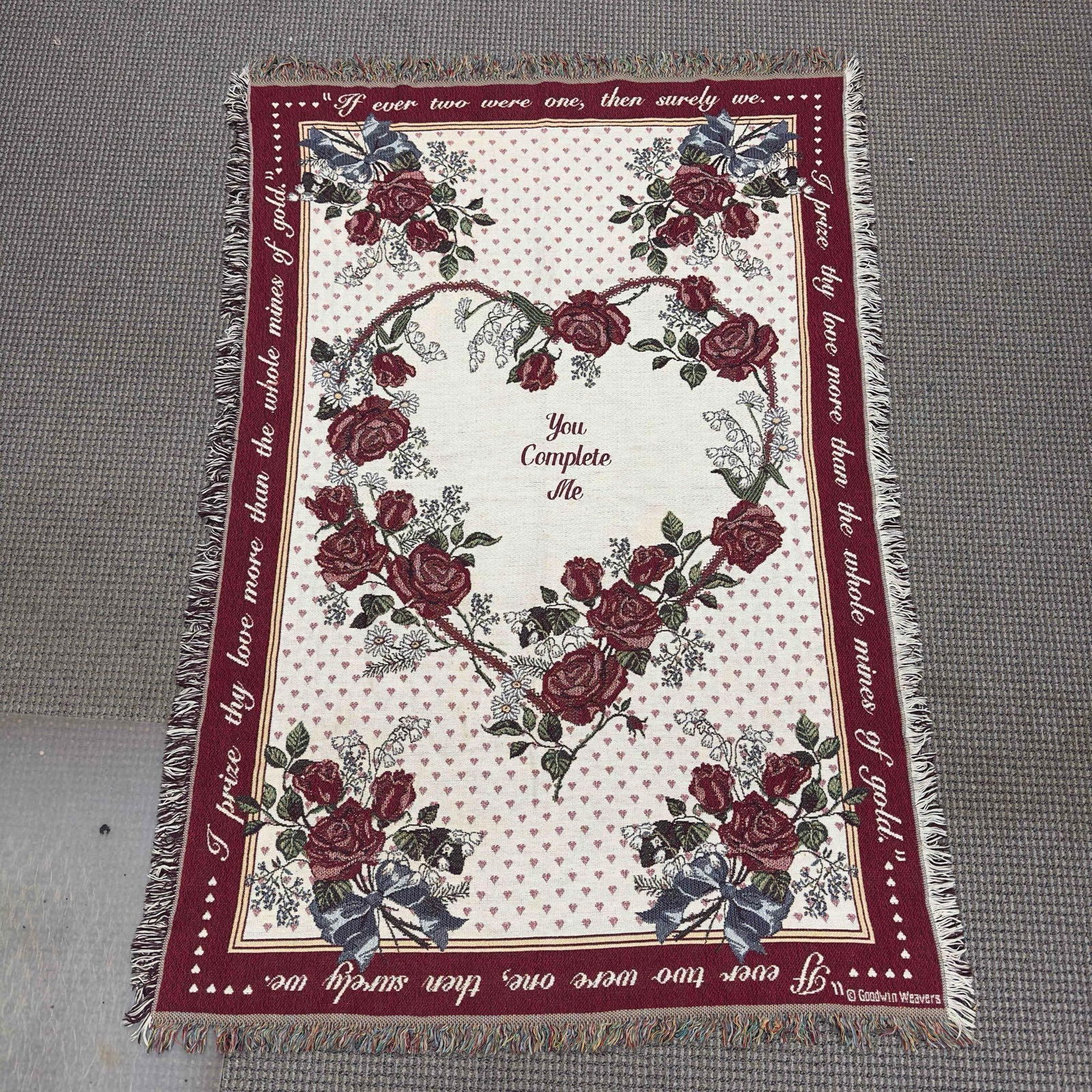 Goodwin Weavers Throw Blanket Floral Roses Hearts You Complete Me Love Couples Marriage: Goodwin Weavers Throw Blanket Floral Roses Hearts You Complete Me Love Couples Marriage. This beautiful blanket features floral and heart designs with roses in the shape of a heart. In the center with