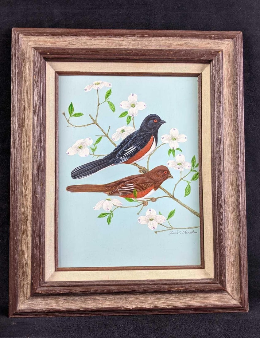 Two Eastern Towhee by Karl Karauls: Subject: Two Eastern TowheeSize: 17in x 14inWeight: 3lbs with bonusMedium: Acrylic on BoardBonus: " Second Edition, Florida's Birds a handbook and Reference" Illustrated by Karl Karalus