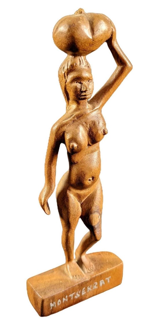 Montserrat Navtive Nude Woman Wood Carving: Montserrat native woman wood carving. Montserrat is painted on the base of the carving. Engraved by artist "Bernard" on the bottom of the piece. It is in good vintage condition with what appears to