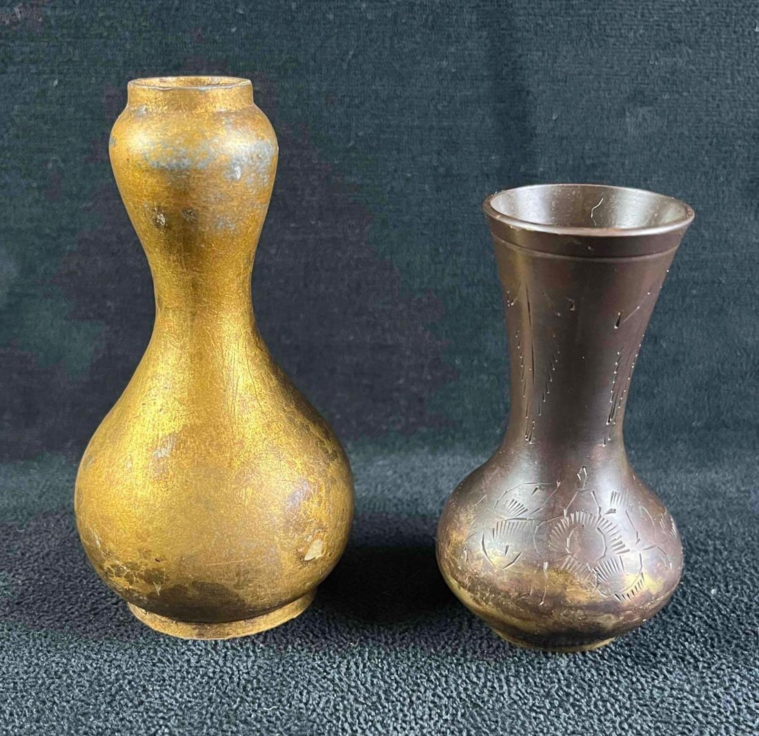 Two Handmade Small Brass Patina Bud Vases (1 of 6)