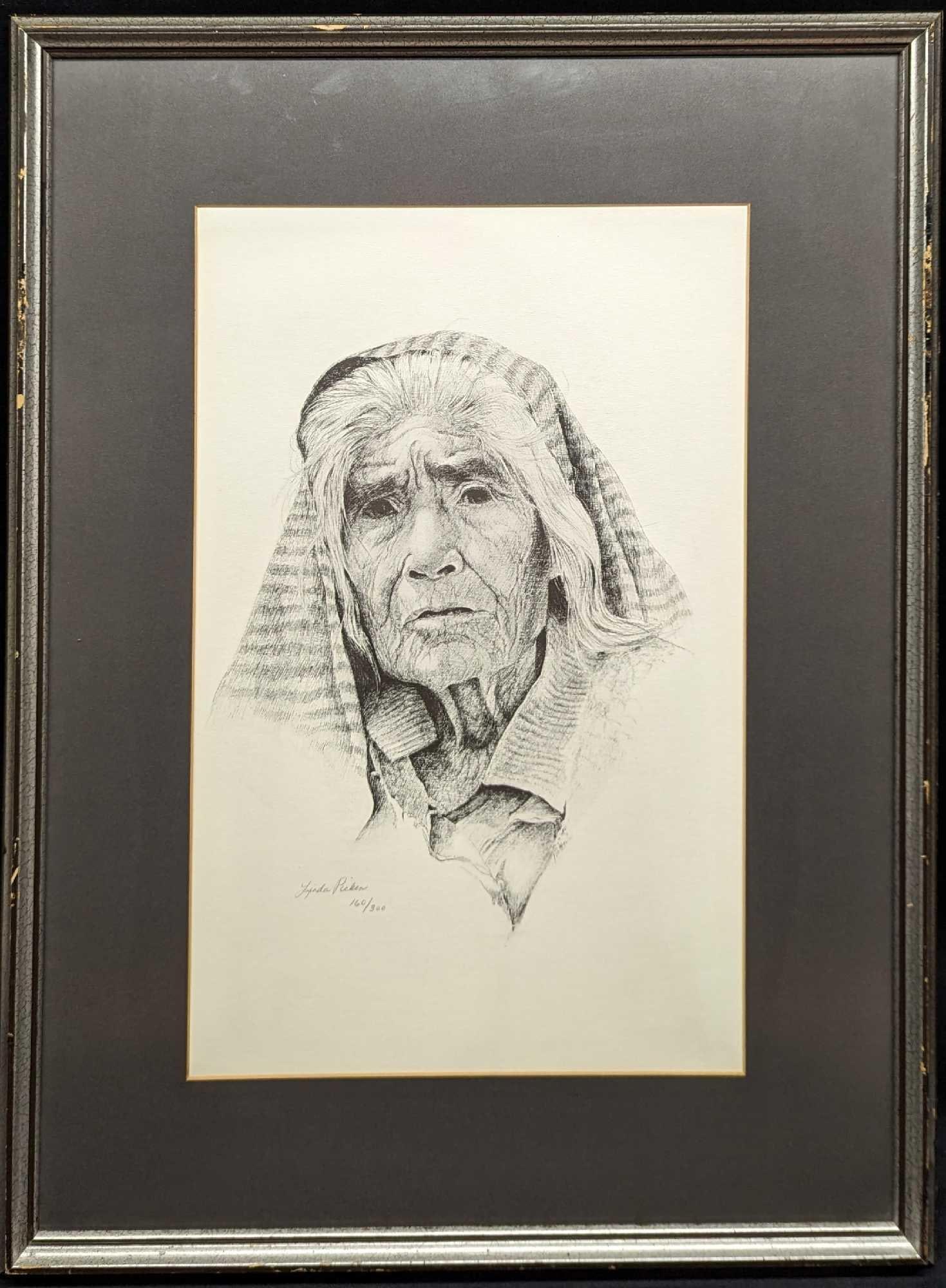 Framed S&N Linda Picken Old Woman Print: Framed S&N Linda Picken Old Woman Print. This one is #160 out of #300. The framed print is approx 17 3/4" x 1" x 24" and it weighs 4.6 lbs. The print/visible image is approx 10 1/2"