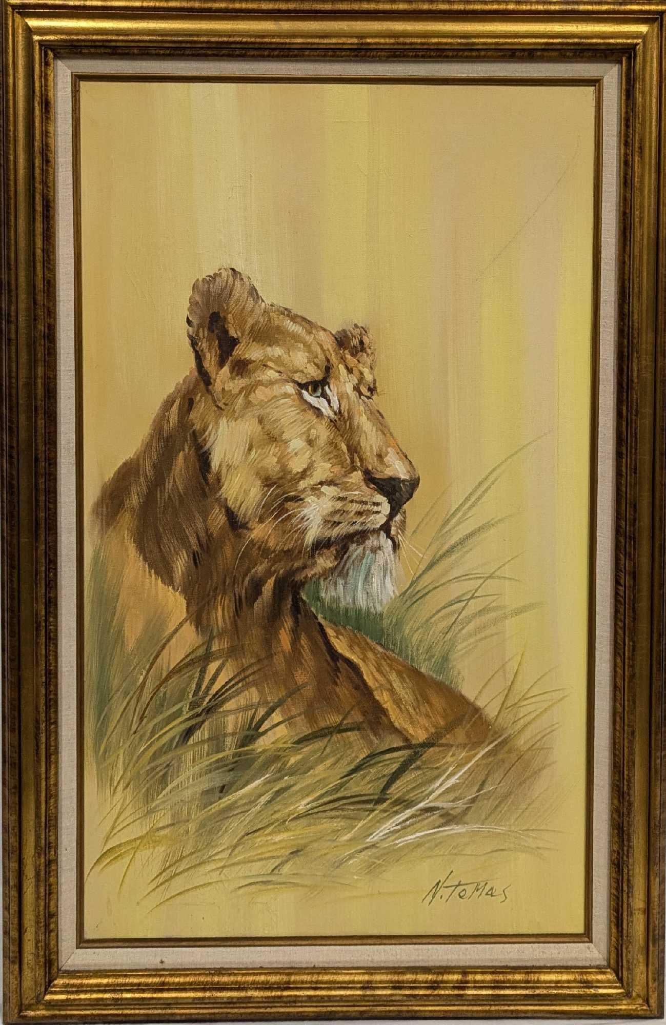 Framed Original Oil On Canvas Lioness: Framed Original Oil On Canvas Lioness. This is approx 31 1/2" x 2 1/2" x 43 1/4" and it weighs 10.30lbs. The frame has some scratches and there is a black mark on the top right side of the canvas.