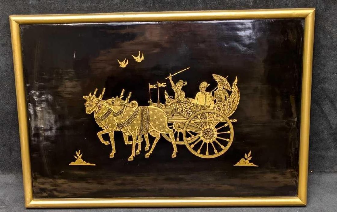 Vintage Framed Thailand Black And Gold Lacquered Ox Wagon Panel: Vintage Framed Thailand Black And Gold Lacquered Ox Wagon Panel. This is approx 18 3/4" x 3/4" x 12 3/4" and it weighs 1.90lb. There are some scratches on the black lacquer. 