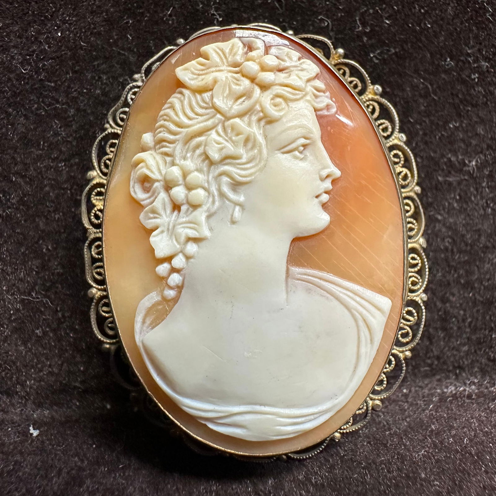 Lady Profile Carved Cameo Shell 800 Silver Brooch (1 of 6)
