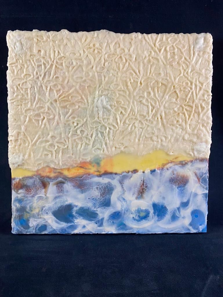 Etta Jean Juge Coming Ashore Encaustic Mixed Media: Etta Jean Juge Coming Ashore Encaustic Mixed Media This piece entitled "Coming Ashore" by Etta Jean Juge is an encaustic mixed media painting done on a wooden board. The combination of the