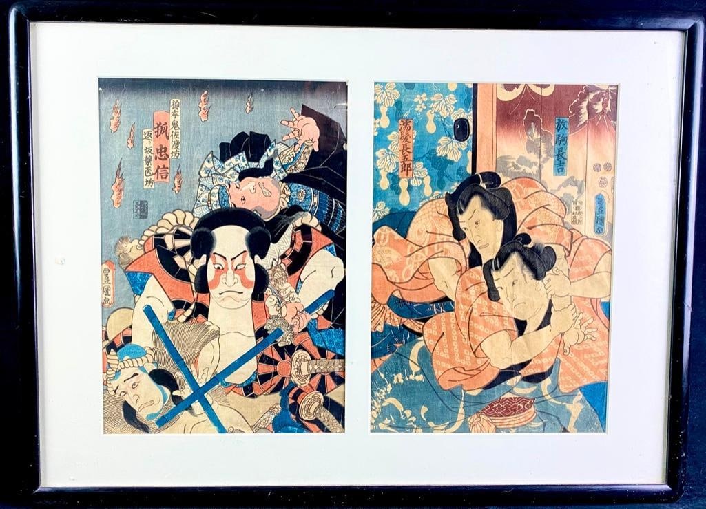 Utagawa Kunisada (Sandai Toyokuni) Woodblock Pair: Utagawa Kunisada (Sandai Toyokuni) Woodblock Pair Framed pair of 19th century woodblocks by Utagawa Kunisada, also referred to as Sandai Utagawa Toyokuni (Third Generation Toyokuni