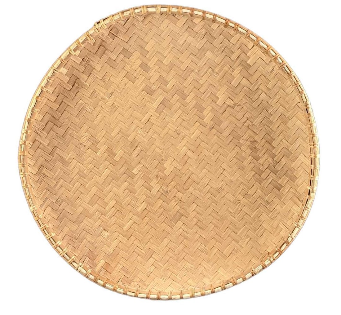 Vintage Large Hand Woven Flat Basket: Vintage Large Hand Woven Flat Basket With Herringbone Design. The maker and date of creation are unknown. The flat basket is approx 23" x 23" x 1" and it weighs 1.11lb. The flat basket is in a good,