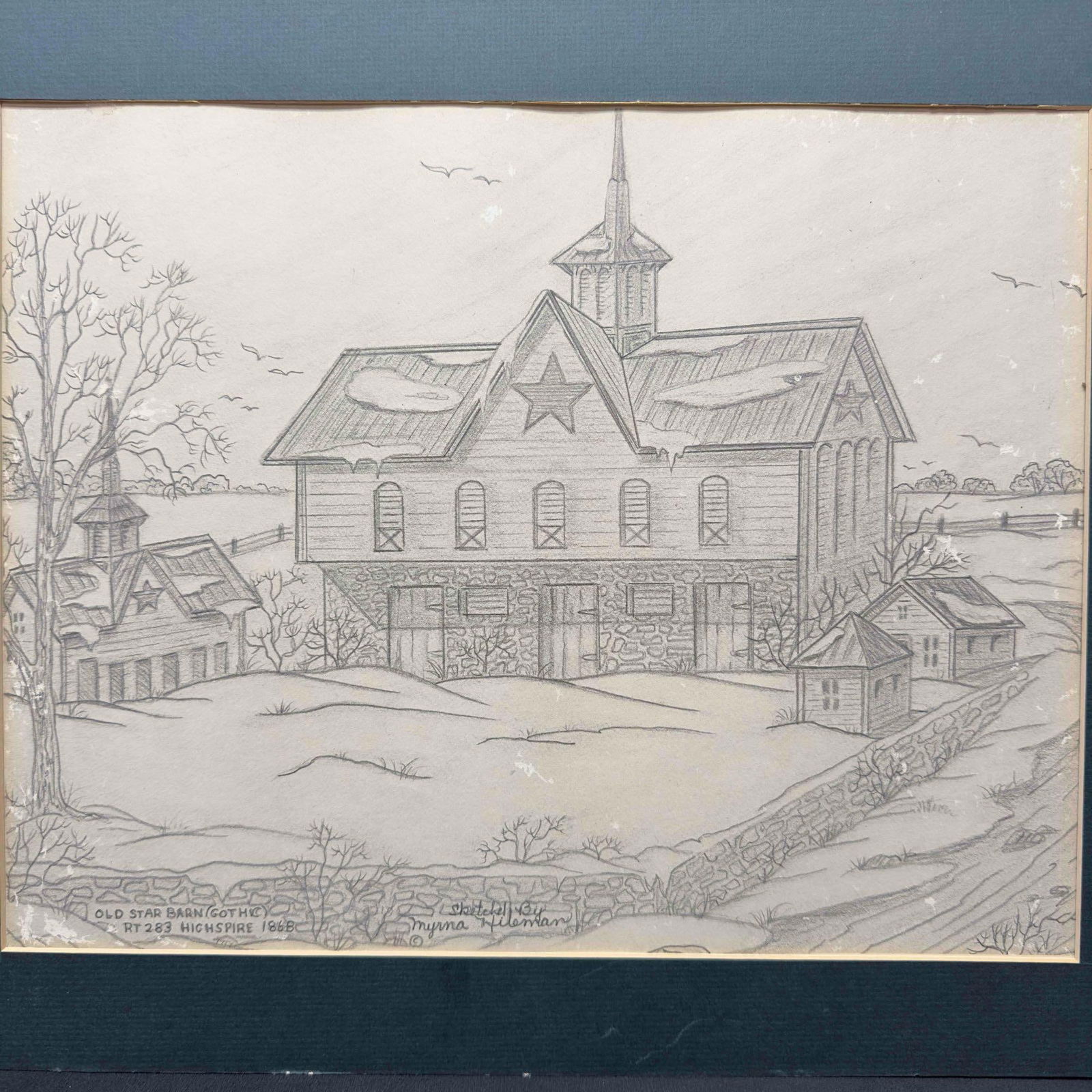 Myrna Hileman Pencil Sketch Old Star Barn Gothic Drawing : Myrna Hileman Pencil Sketch Old Star Barn Gothic. Pencil sketch by Myrna Hileman titled Old Star Barn (Gothic) RT 283 Highspire 1868. This sketch pencil drawing is matted with a cardboard backer. The