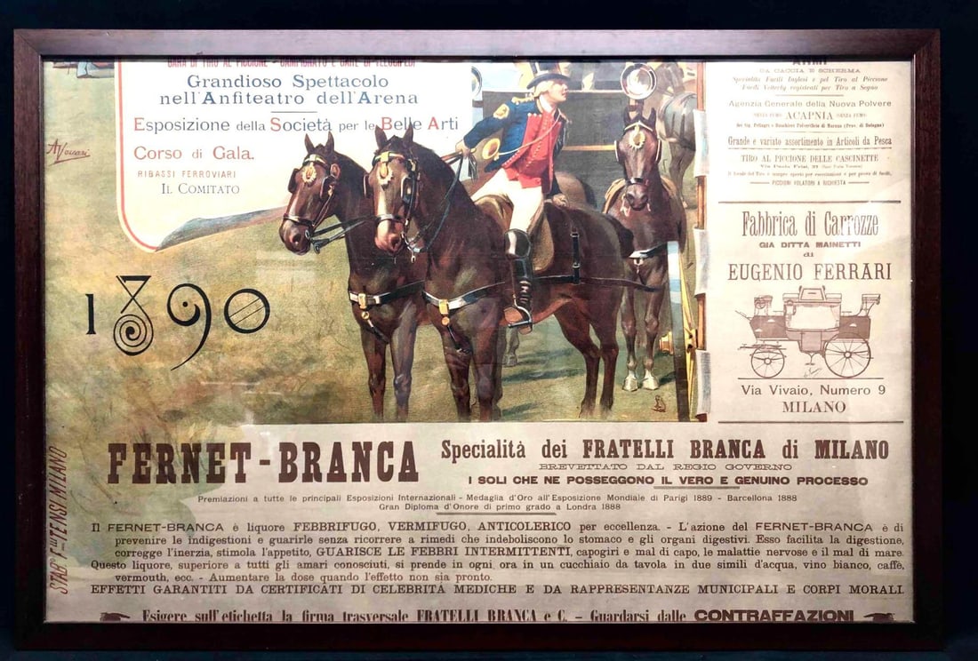 Original Advertisement Poster : This lot contains an original advertisement poster from the late nineteenth century. The poster advertises multiple events and products such as the exhibition of the Society of Fine Arts,