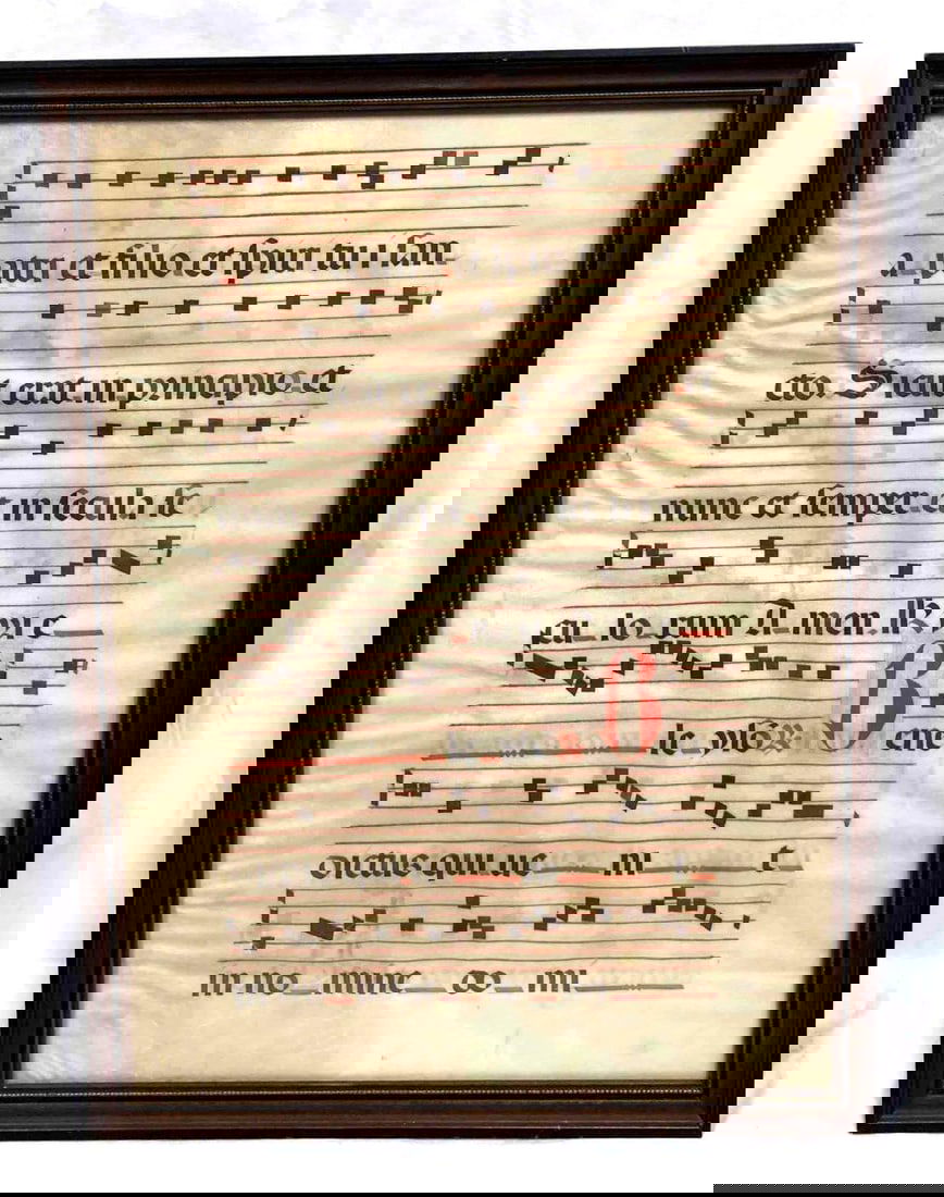 Antique Framed Medieval Period Music Sheet On Animal Parchment  (1 of 4)