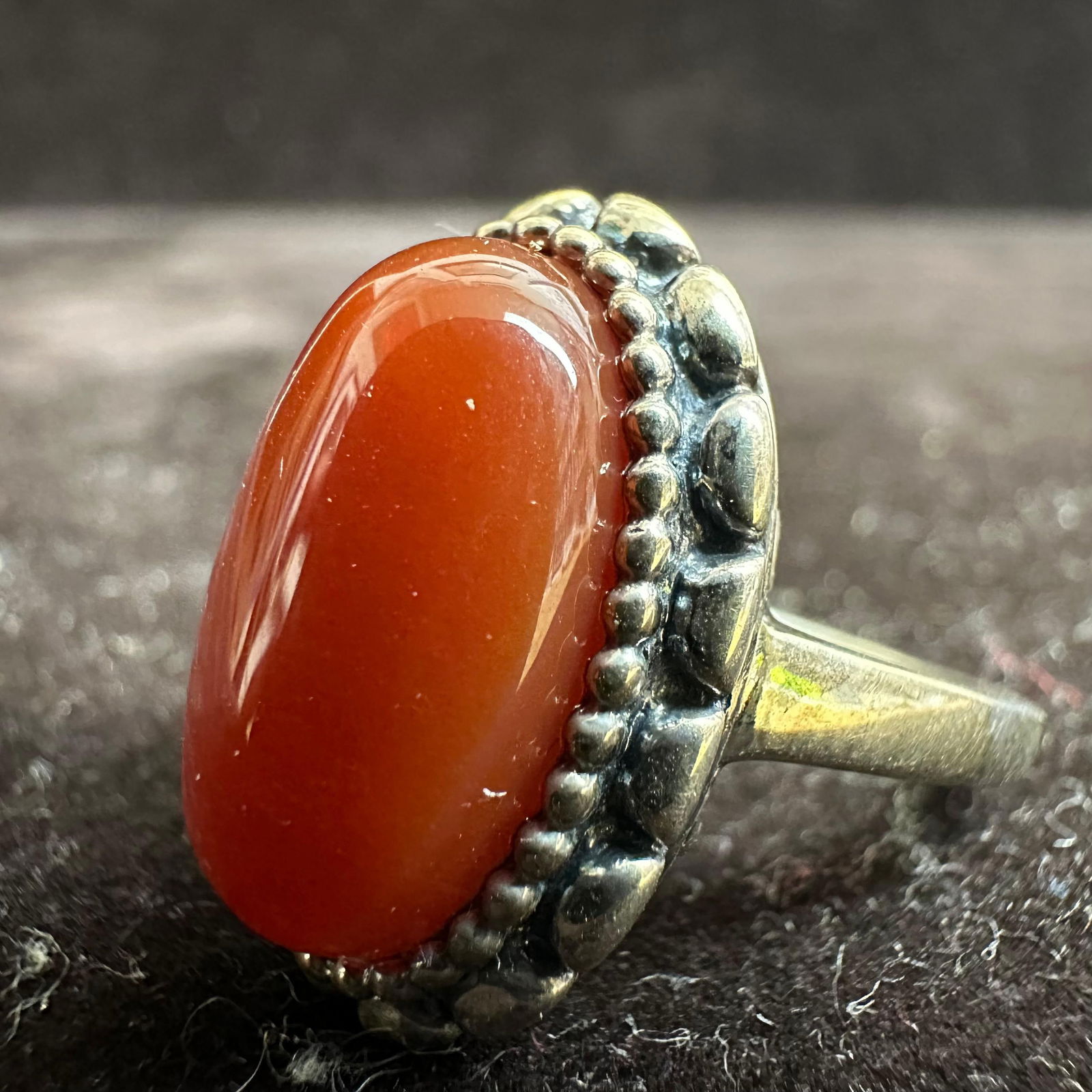 Carnelian Center Stone Decorative Bezel Silver Ring: This item is in good pre-owned, previously used/displayed condition with noticeable light wear and surface scratches. Please reference all photos for full details. This piece of jewelry has been teste
