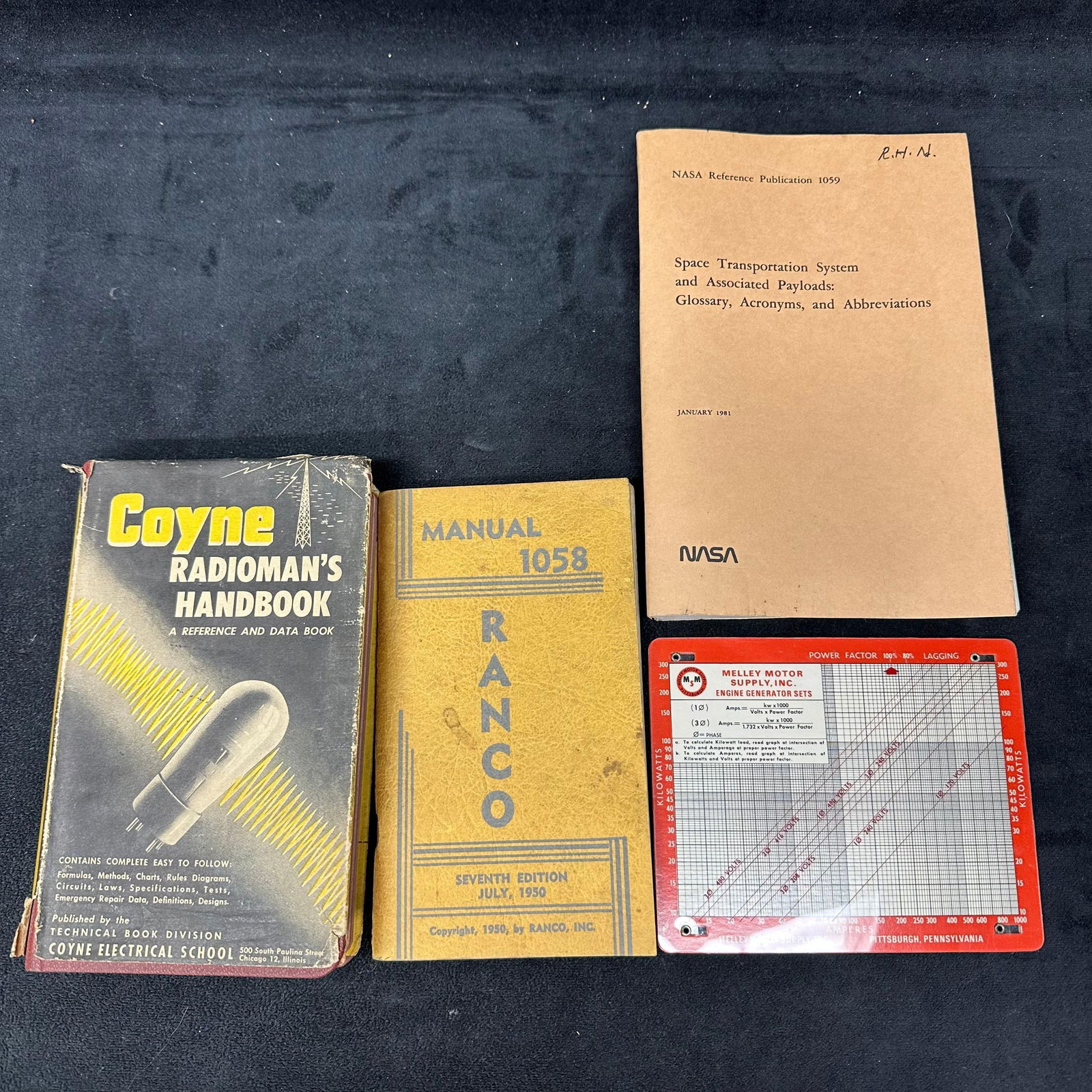 Technical and Engineering Reference Lot Coyne Radioman’s Handbook NASA Book Set: Mixed lot of vintage technical and engineering reference materials. Includes Coyne Radioman’s Handbook, Ranco Manual 1058, NASA Reference Publication 1059 titled Space Transportation System and