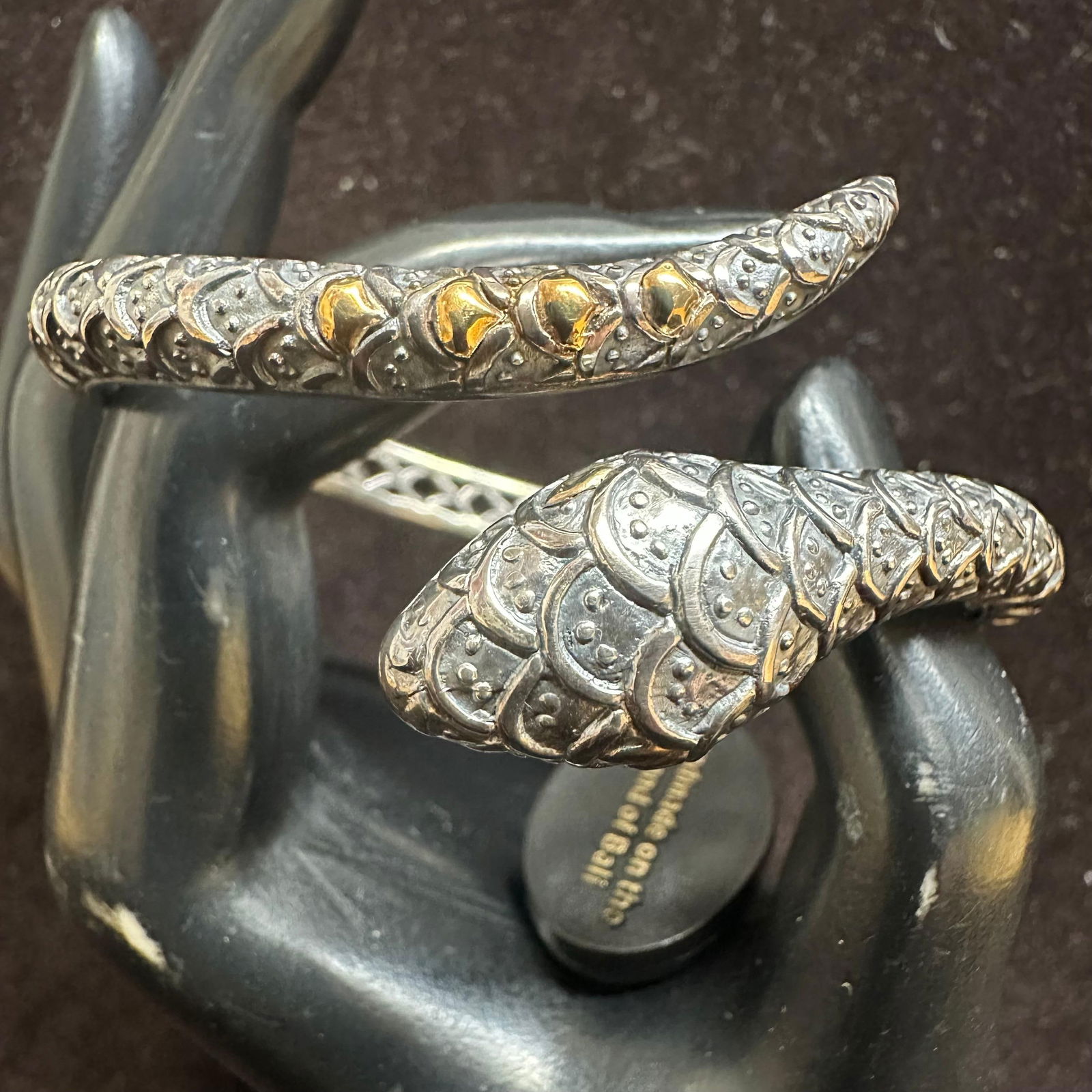 Bali Couture Sterling Silver 18k Gold Accents Snake Hinged Bracelet: This item is in good pre-owned, previously used/displayed condition with noticeable light wear and surface scratches. Please reference all photos for full details. This piece of jewelry has been teste