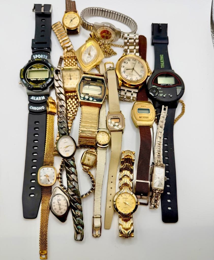 Mixed Lot of 16 Vintage Watches: Mixed Lot of 16 Vintage Watches Lot of 16 mixed watches from various brands and in varying condition. The watches have not been tested, and most likely need new batteries. Approximate size: 6" x