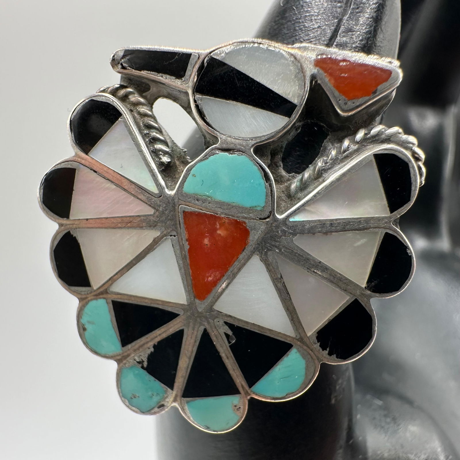 Thunderbird Zuni Style Multi-Stone Inlay Silver Ring MOP Coral Turquoise X12 (1 of 7)