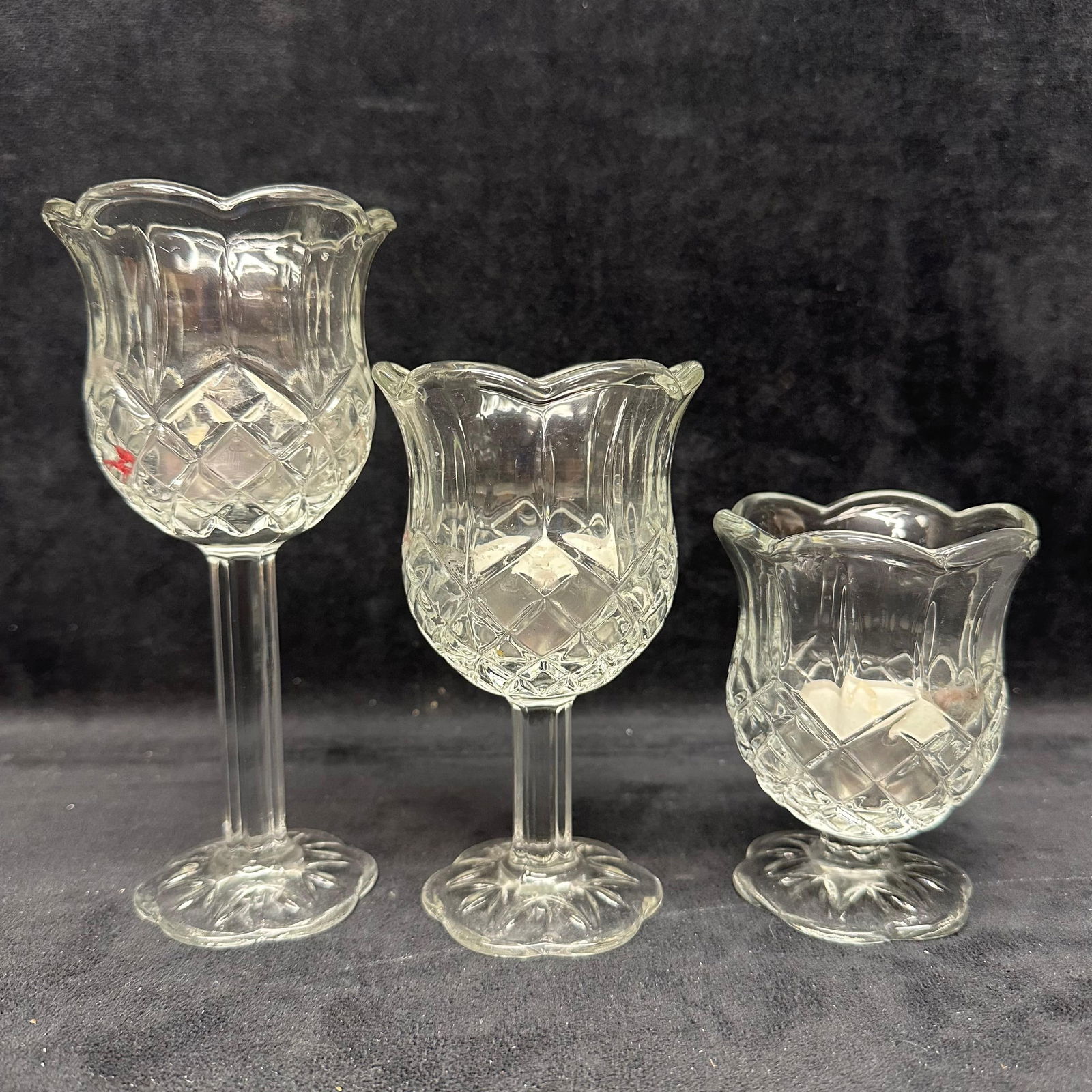 Set of Three Clear Pressed Glass Tulip Form Candle Holders (1 of 6)