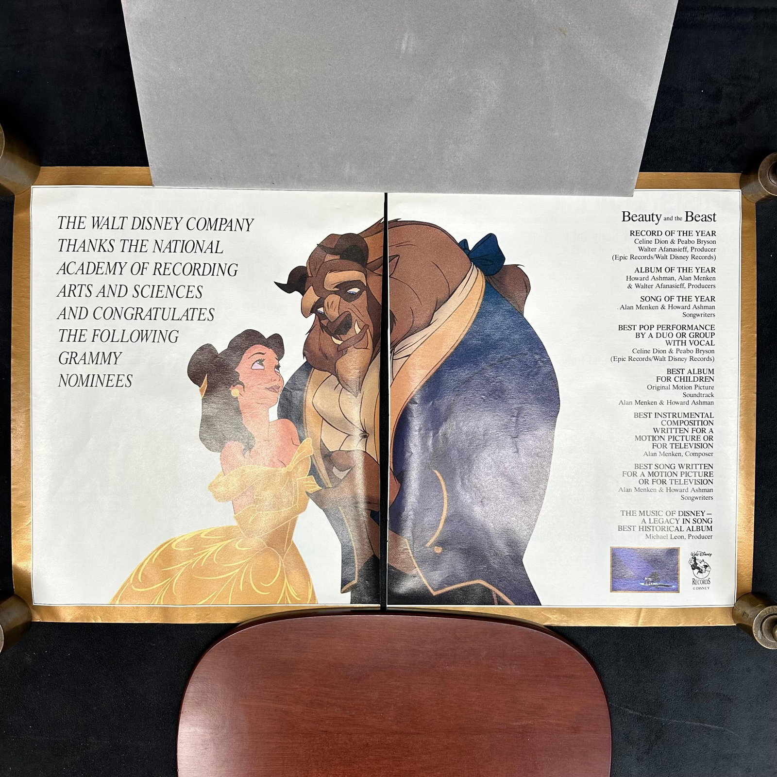 Disney Beauty and the Beast Grammy Nomination Billboard Magazine Insert Pages January 23, 1993: Original magazine insert from Billboard dated January 23, 1993, celebrating Walt Disney’s Beauty and the Beast Grammy nominations. The two-page spread features Belle and Beast in full-color artw