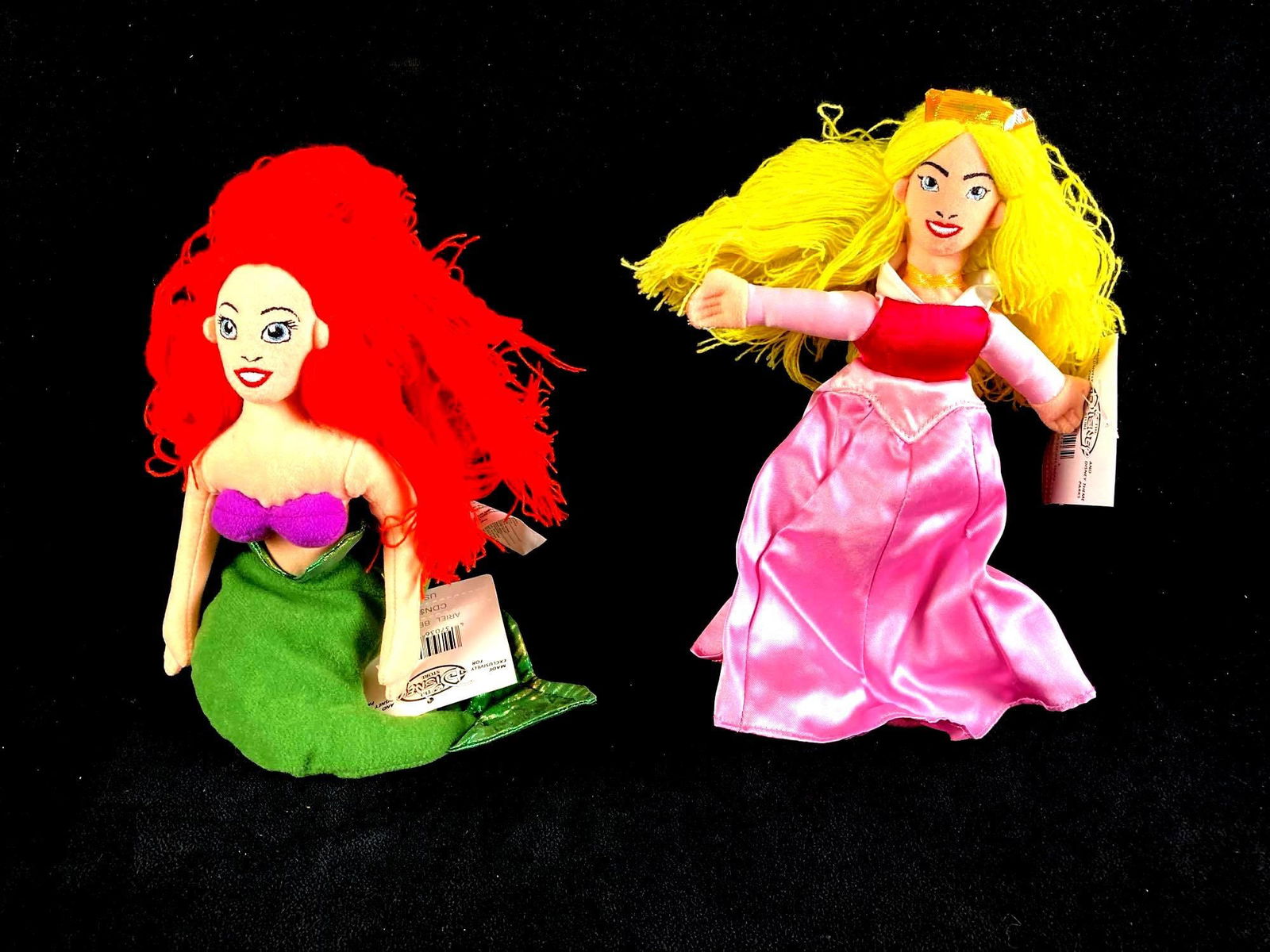 Set of (2) Disney Plush Bean Bag Dolls Ariel and Princess Aurora: Up for auction are recent estate finds, a set of (2) Disney bean bag dolls in particular Ariel from The Little Mermaid and Princess Aurora from Sleeping Beauty. These dolls came from a large