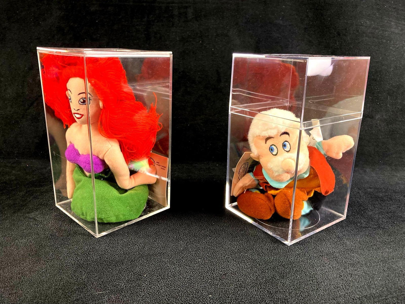 Set of (2) Disney Plush Bean Bag Dolls Ariel and Gepetto: Up for auction are recent estate finds, a set of two Disney plush bean bag dolls in particular Ariel from The Little Mermaid and Gepetto from Pinocchio. Both were sold in the Disney store years ago