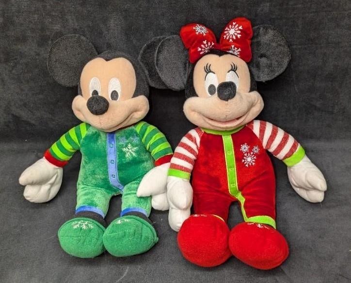 Disney Mickey And Minnie Mouse Christmas Pajamas Plush Dolls: Disney Mickey And Minnie Mouse Christmas Pajamas Plush Dolls. Each is approx 12" x 5 1/2" x 18" and the total weight is 0.90lb. There is some light wear on the plush dolls. 