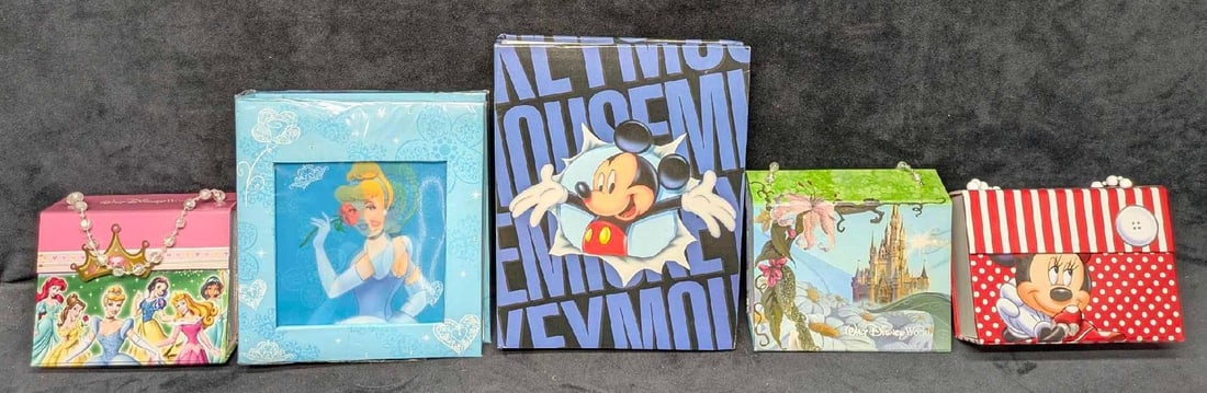 Disney Mickey Mouse Disney Princess Minnie Mouse Tinkerbell Photo Albums: Disney Mickey Mouse Disney Princess Minnie Mouse Tinkerbell Photo Albums. This lot includes: (1) Mickey Mouse Photo Album. This is approx 10 5/8"x 8 1/4" x 2". The cover has some light sc