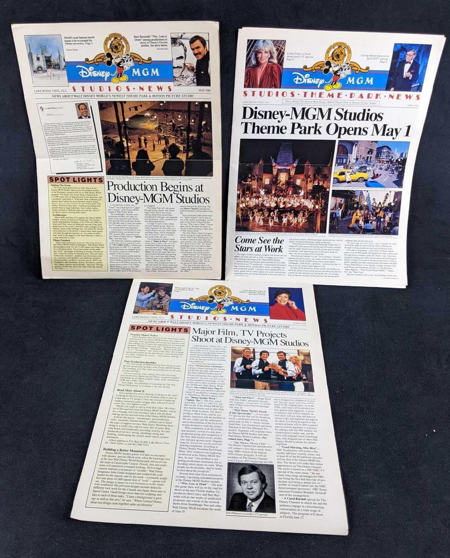 Disney World MGM Studio News: Disney World MGM Studio News This lot has three MGM Studio newspapers that go over everything that was happening at the newest MGM park. The papers showcase films being created at the studio and new