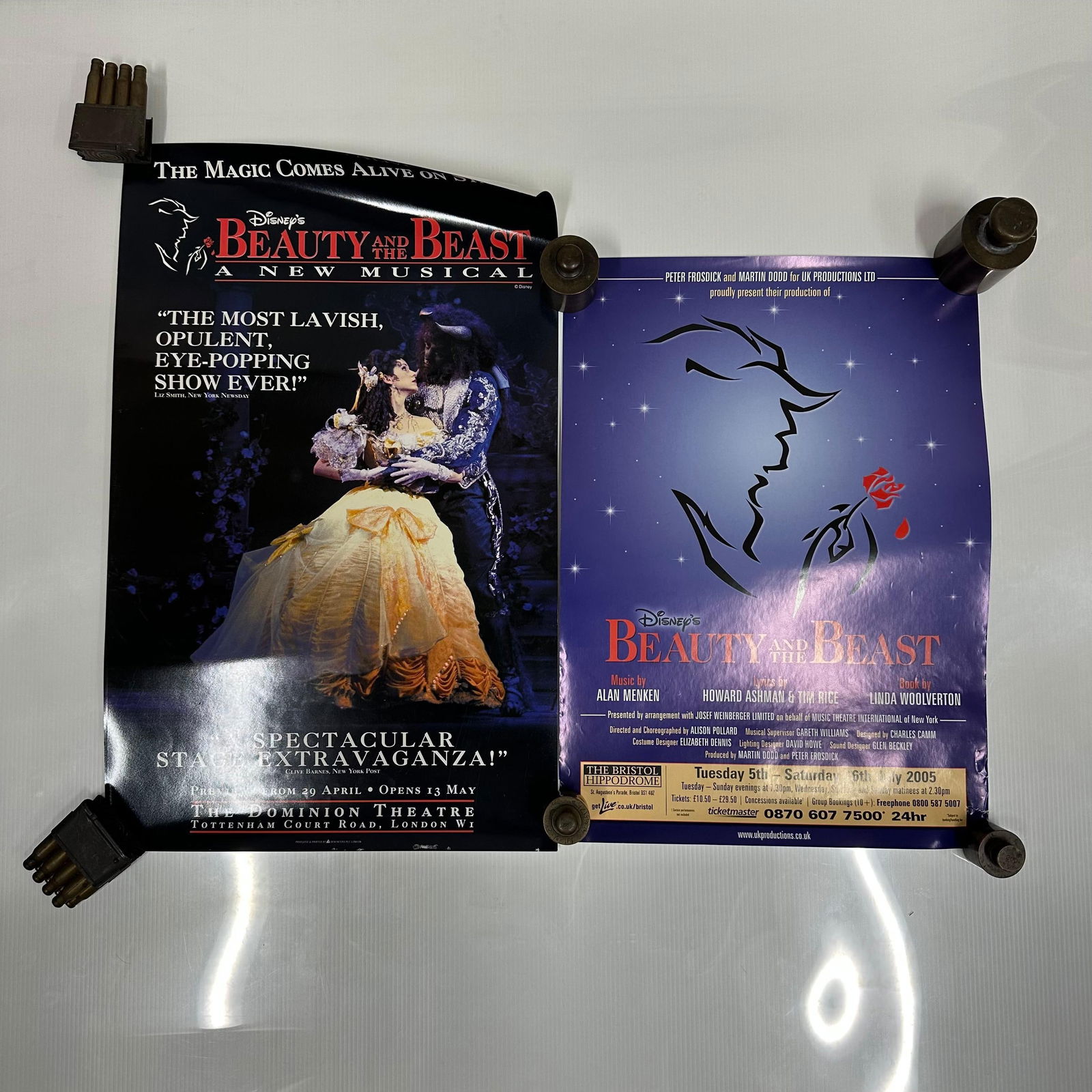 Walt Disney Beauty and the Beast Musical Theater Poster Set: Two original Walt Disney Beauty and the Beast musical theater posters. Includes one Dominion Theatre (London) poster and one Bristol Hippodrome UK poster, dated 2005. Glossy finish. Both posters show