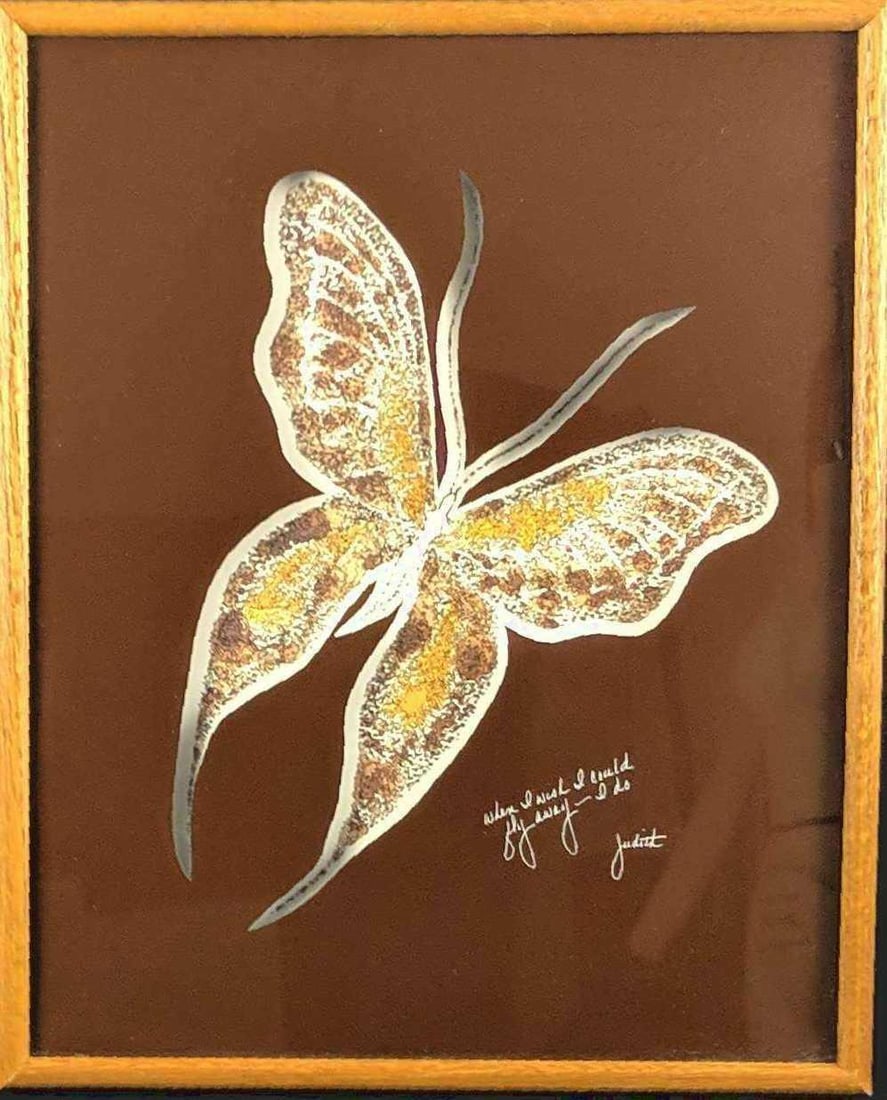 Vintage Framed Lucid Lines Wish I Could Fly Away: Here is a rather rare framed "When I Wish I Could Fly Away, I Do" art by 1970's Mail Order Art Company, Lucid Lines. This has a cutout of a butterfly with an image of crumbling rocks inside. This was