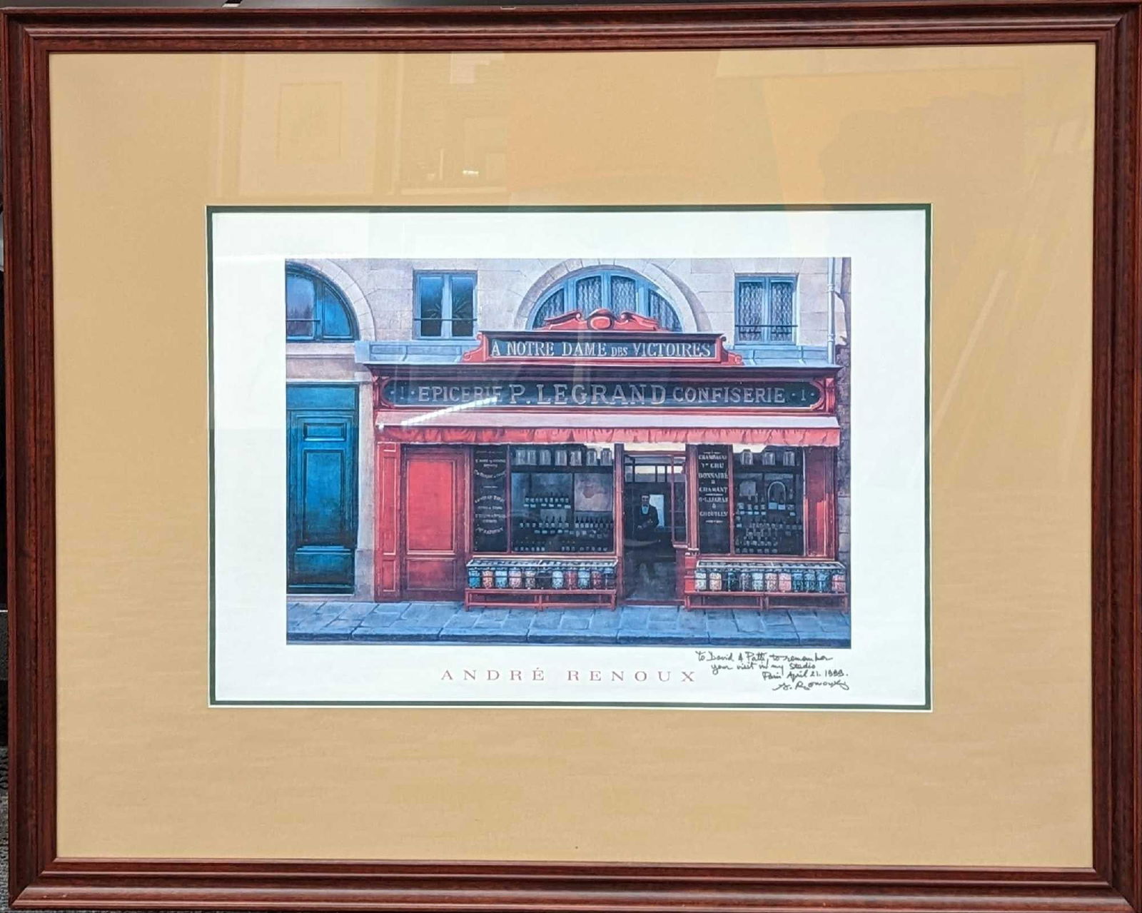 Framed Andrew Renoux Signed Confiserie Print: Framed Andrew Renoux Signed Confiserie Print. "Epicerie P. Legrand Confiserie". The framed print was signed and dedicated by the artist on the bottom right. The framed print is approx 43" x 1