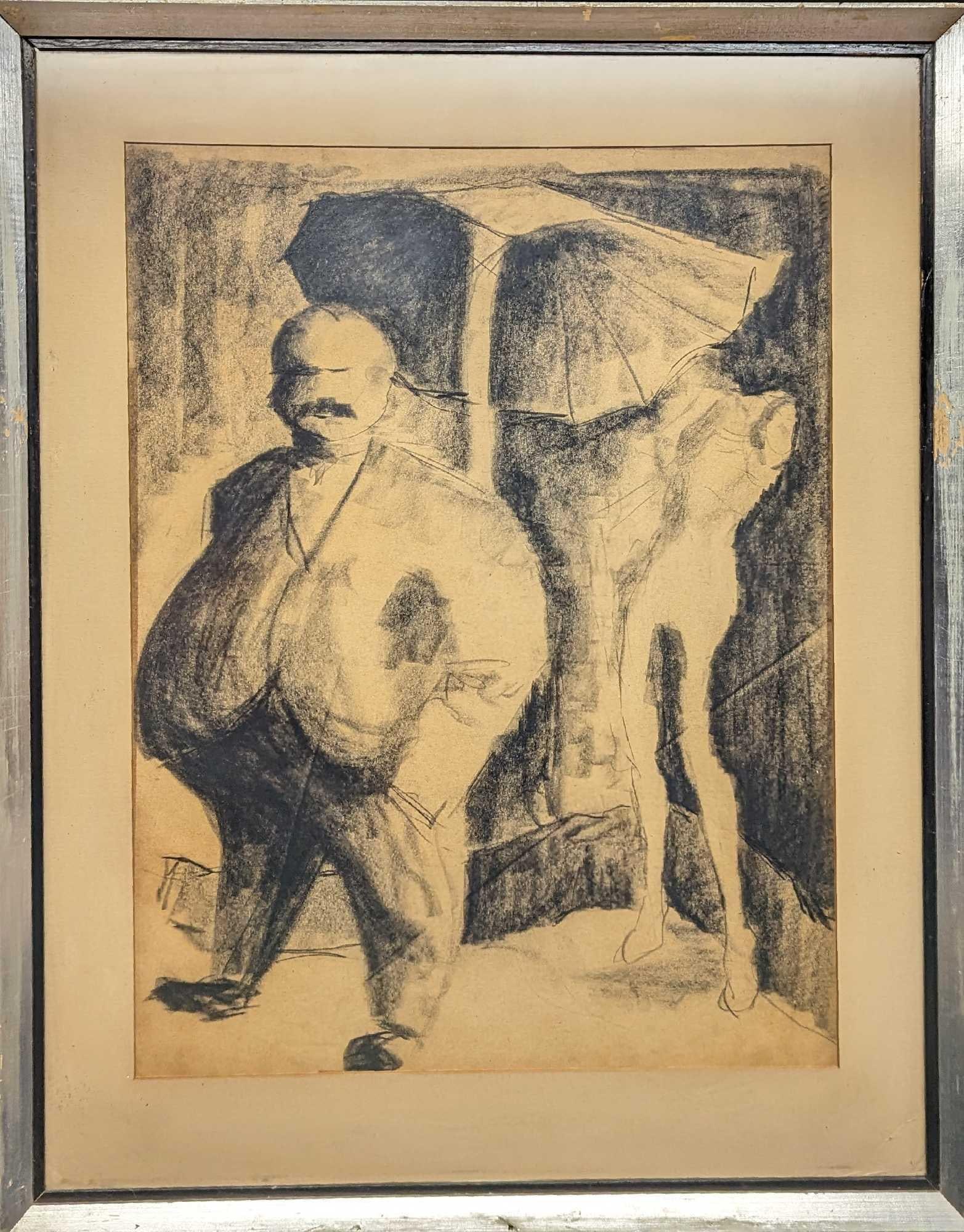 Framed Charcoal Mustached Man Print: Framed Charcoal Mustached Man Print. Here is a print of a charcoal sketch of a man with a mustache. The print is not signed by the artist. The framed print is approx 24" x 2" x 30" and it weighs 8.90