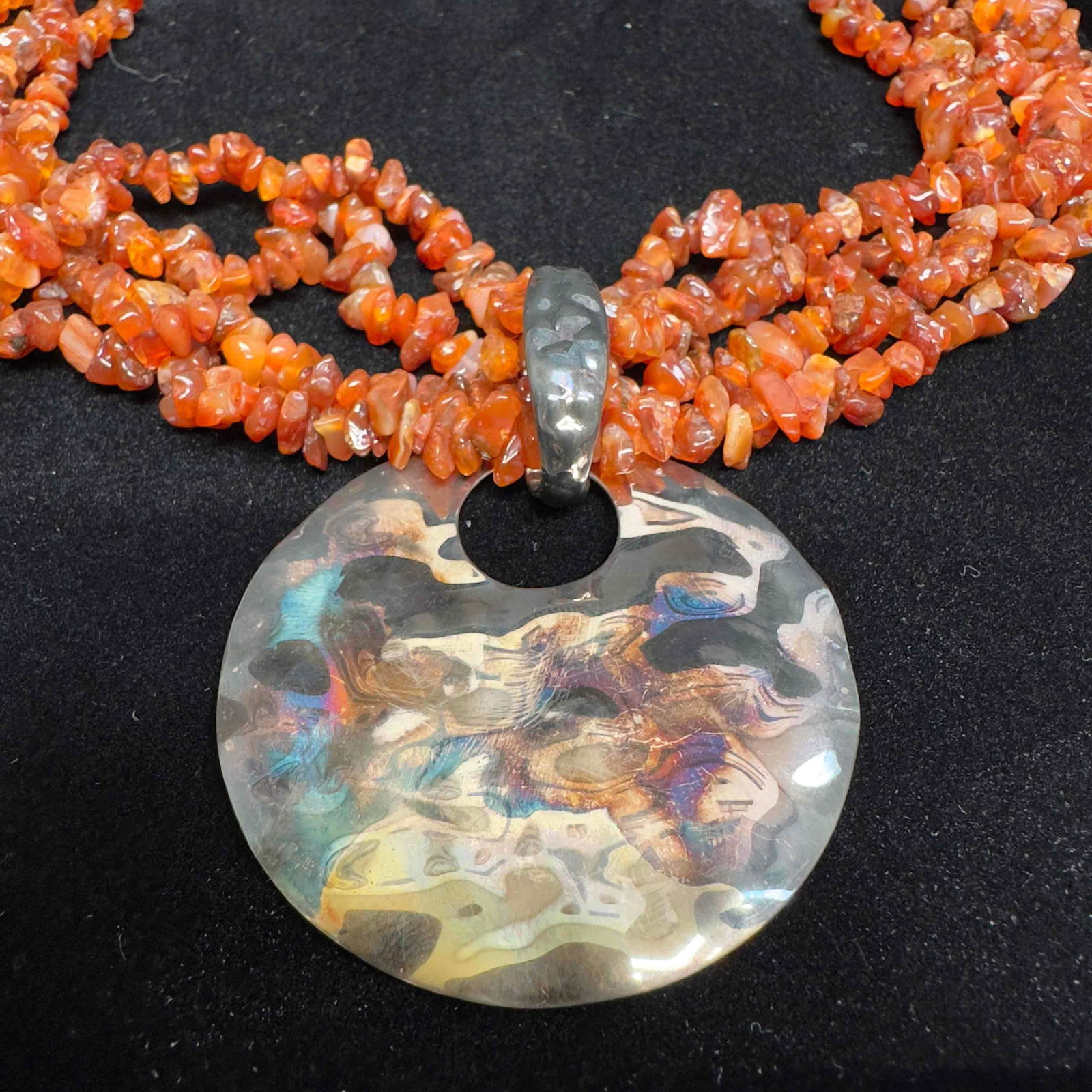 Multi Strand Carnelian Sterling Silver Textured Hammered Pendant Necklace: This item is in good pre-owned, previously used/displayed condition with noticeable light wear, and surface scratches. Please reference all photos for full details. This piece of jewelry has been
